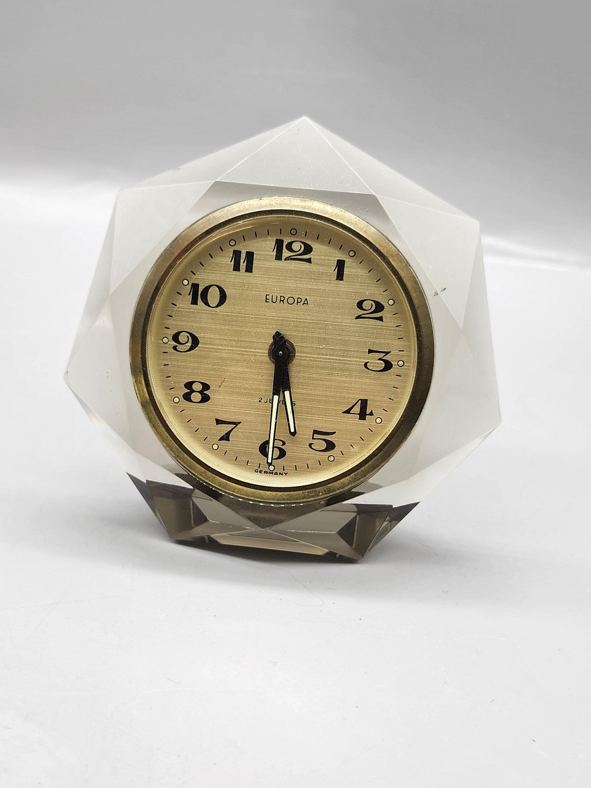 Vintage Europa Desk Alarm Clock Clear Plastic Gold Mechanical Germany Decor