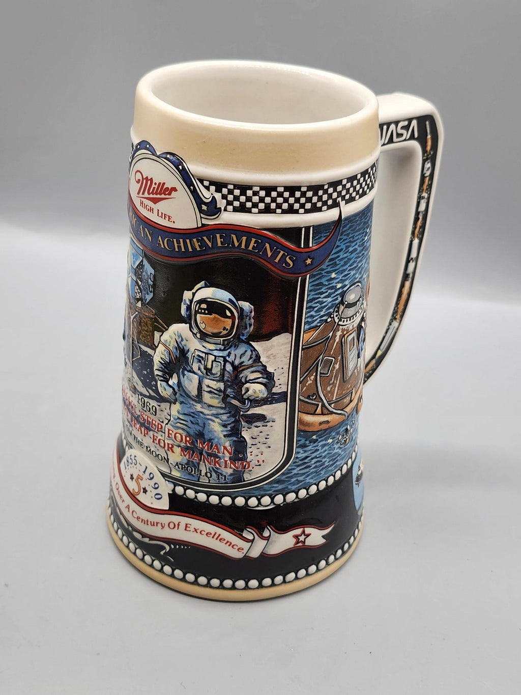 Vintage 1990 Miller Great American Achievements Beer Stein NASA Apollo 11 Brazil