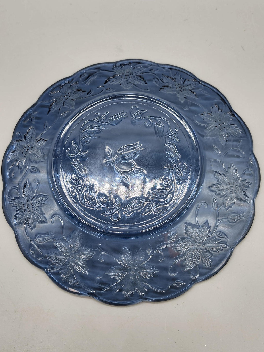 Blue Pressed Glass Plate Floral Rabbit Pattern Scalloped Easter Table Decor