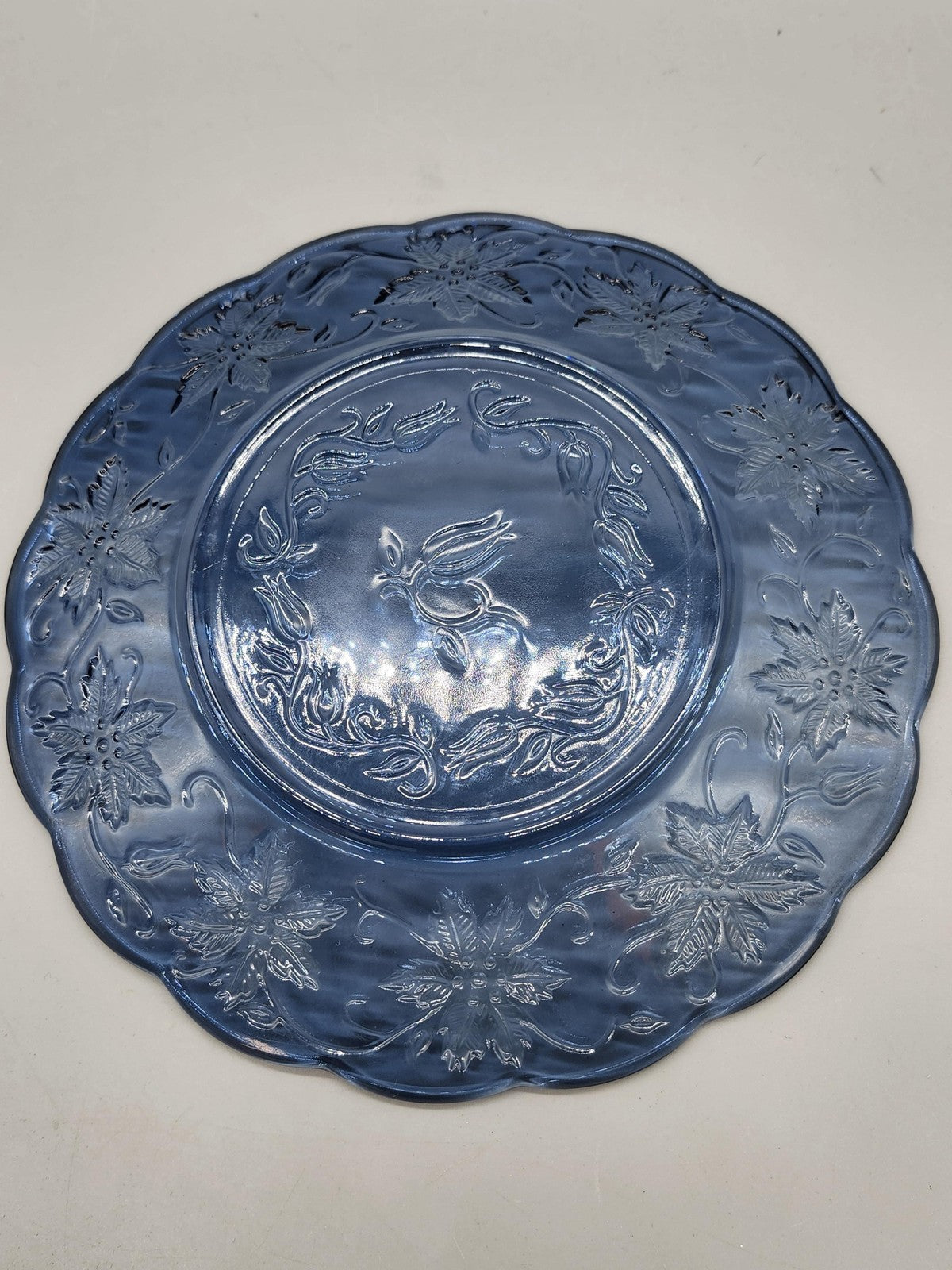 Blue Pressed Glass Plate Floral Rabbit Pattern Scalloped Easter Table Decor