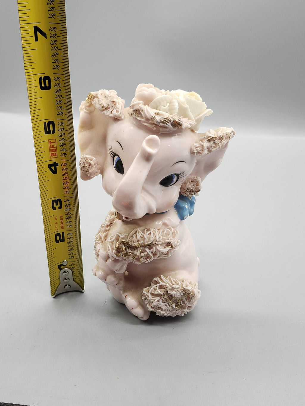 Vintage Pink Porcelain Elephant Figurine Spaghetti Flowers Blue Bow Collectible