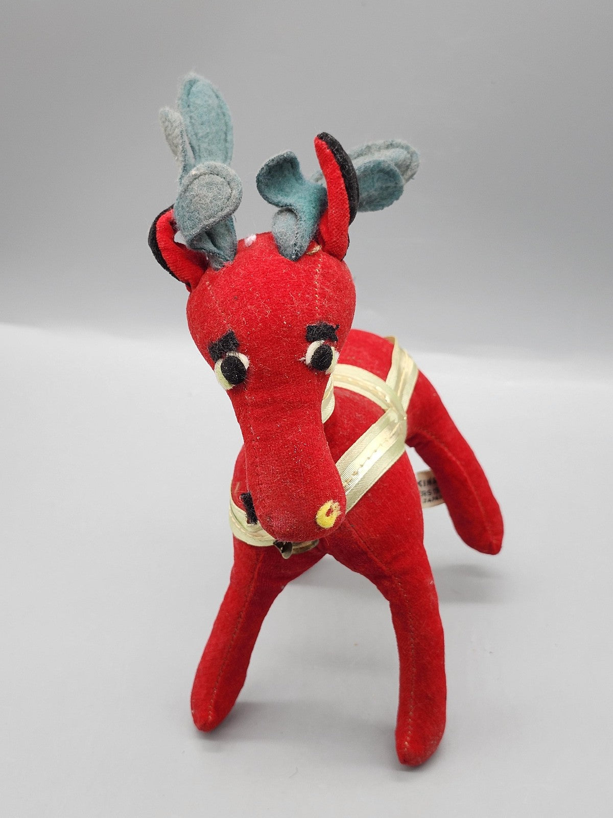 Vintage Dakin Red Reindeer Plush Small Antlers Bell Christmas Stuffed Animal Toy