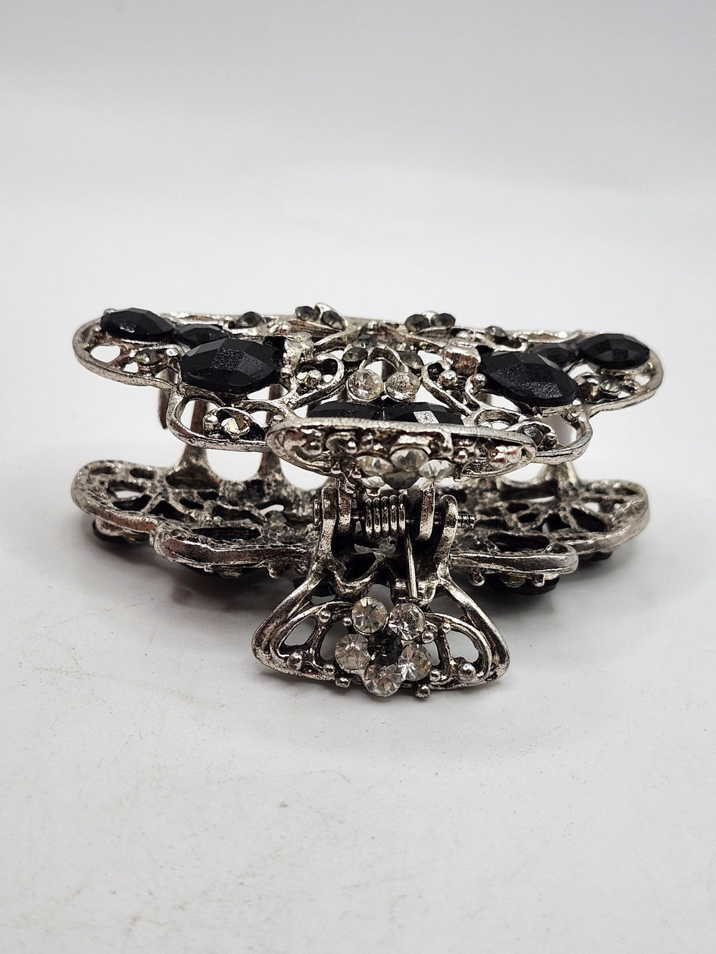 Hair Claw Clip Womens Teens Silver Black Rhinestone Floral Barrette Party Casual
