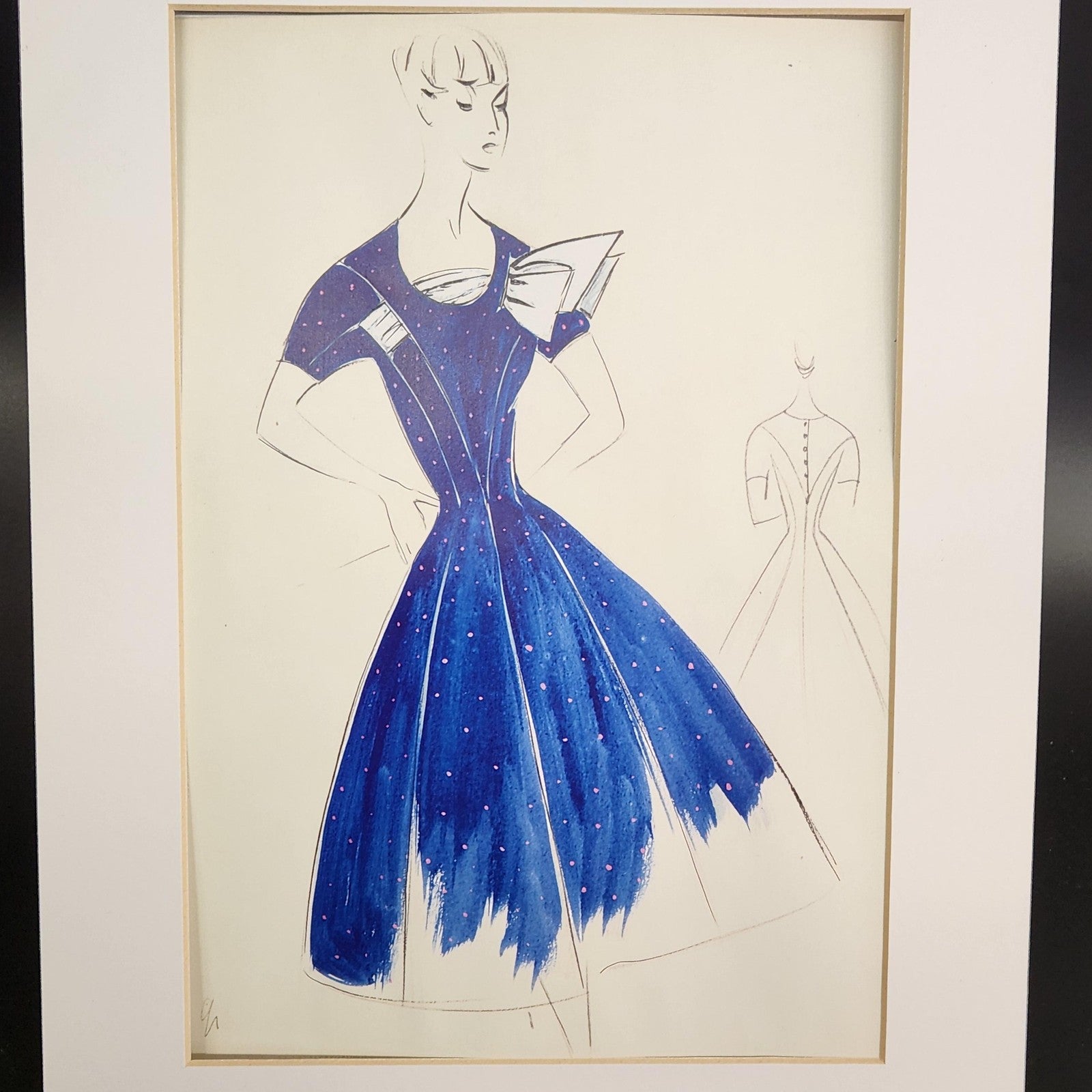 Woman Blue Dress Original Fashion Illustration Drawing Ink Pencil Matted Medium