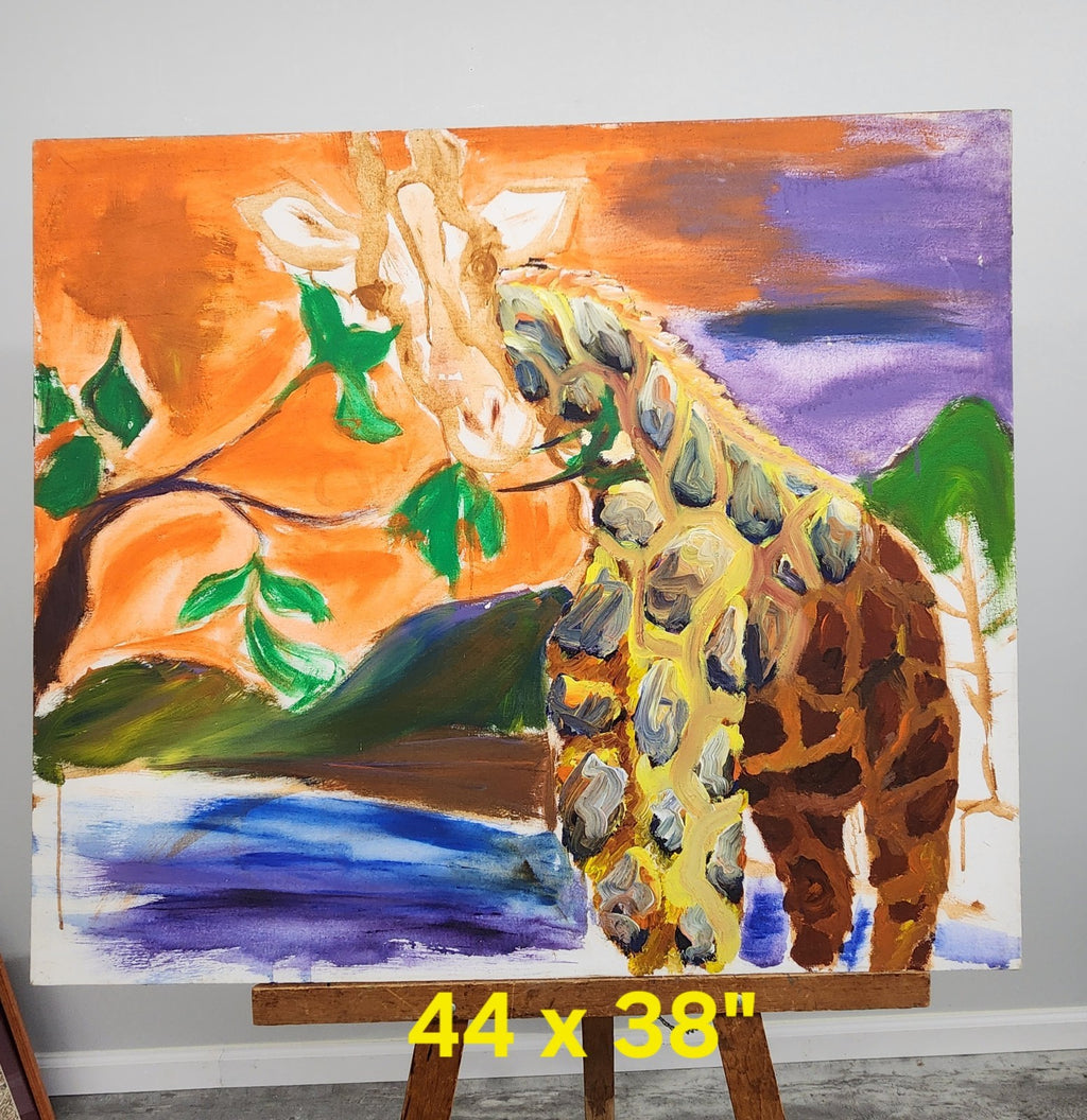 Vintage Unfinished Original Giraffe Acrylic Painting on Canvas 44x38 Abstract...