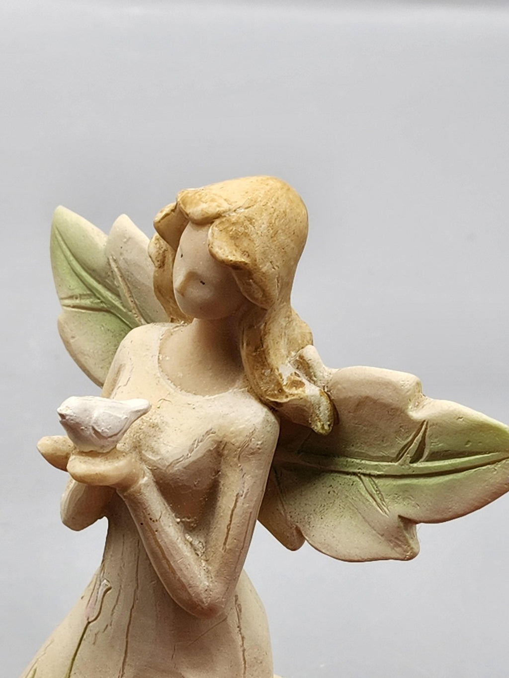 Kneeling Angel Figurine Small Beige Green Bird Floral Resin Rustic Home Decor