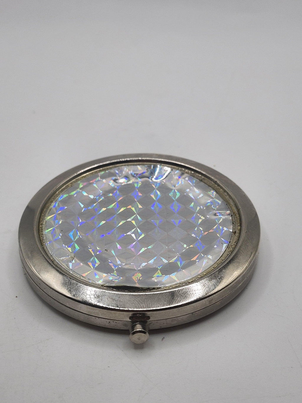 Femme Couture Round Compact Mirror Silver Holographic Dual Sided Portable Makeup