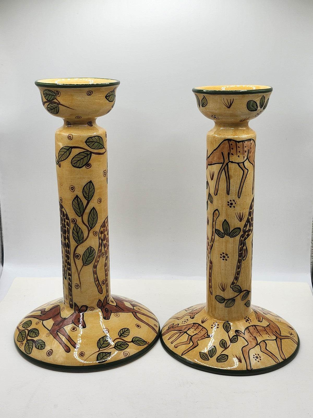 Vintage Handmade Giraffe Candlestick Holder Pair Beige Ceramic African Art Decor