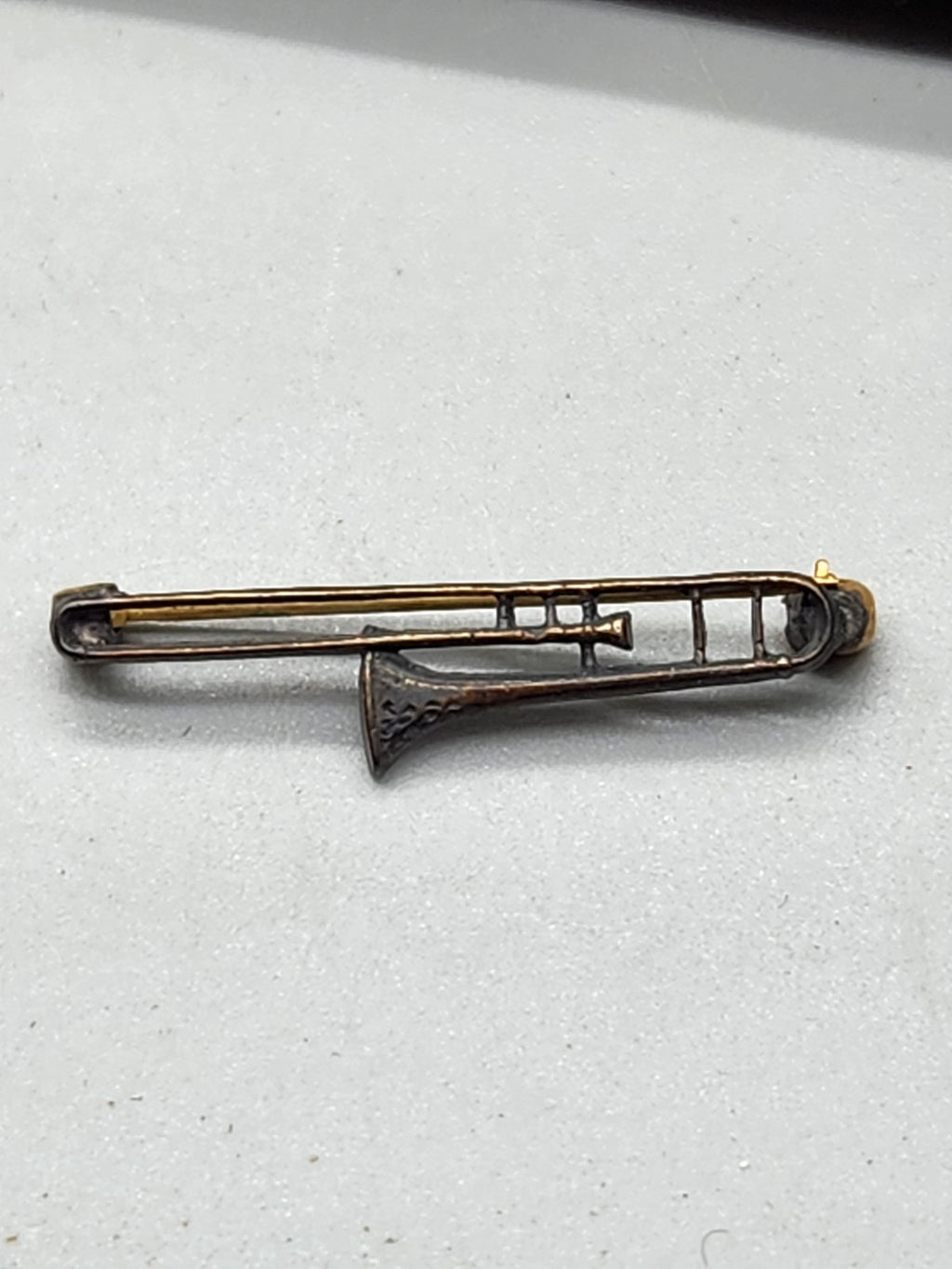 Vintage Trombone Tie Bar / Tie Clip Musician Band Jewelry Gold Tone Signed