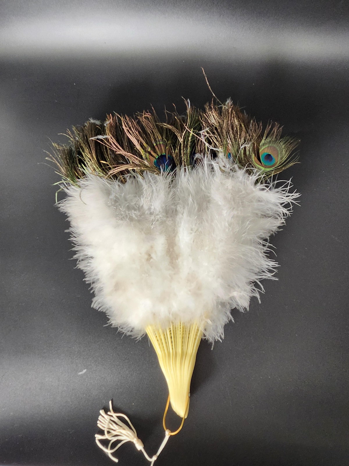 Peacock Feather Decorative Fan Traditional White Marabou Tassel Multicolor Decor