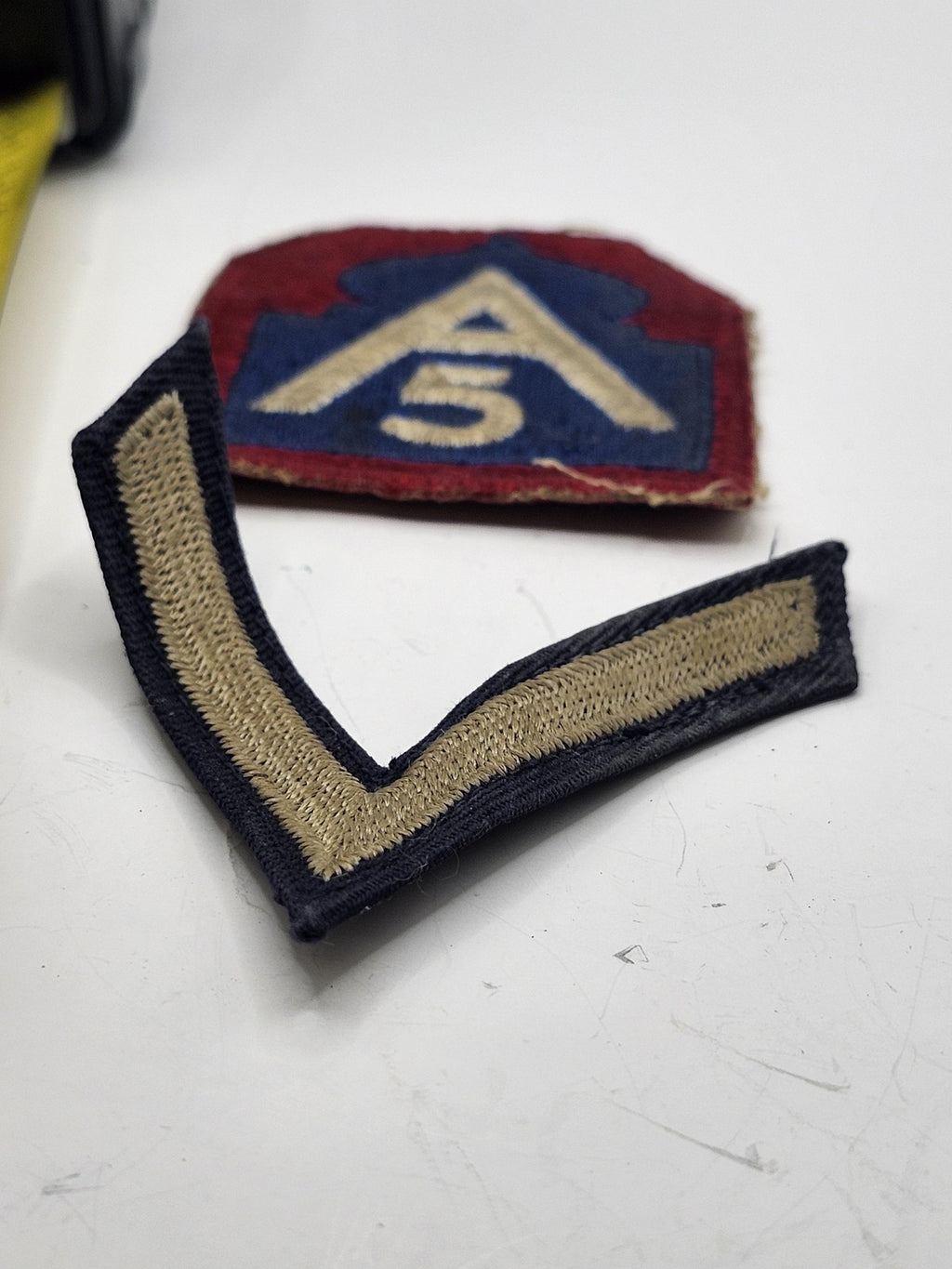 Vintage WW2 US Army 5th A Shoulder Patch Rank Chevron Lot 2 Red Blue Tan USA