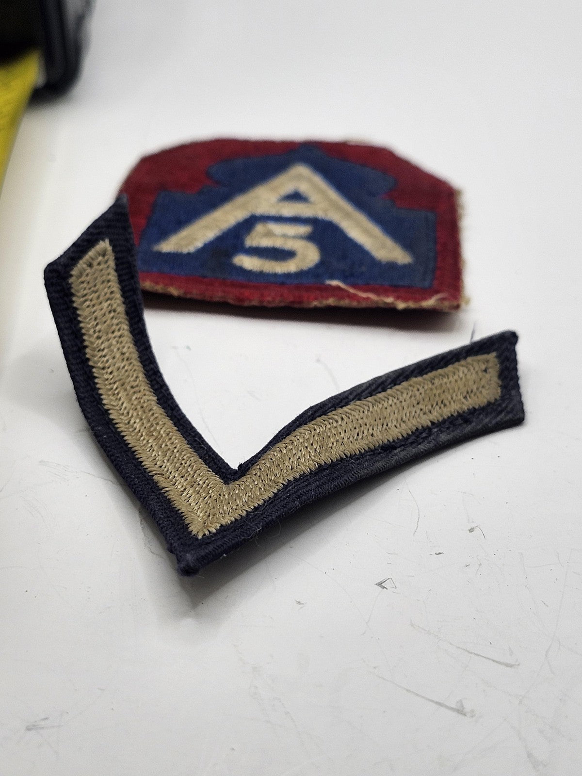 Vintage WW2 US Army 5th A Shoulder Patch Rank Chevron Lot 2 Red Blue Tan USA