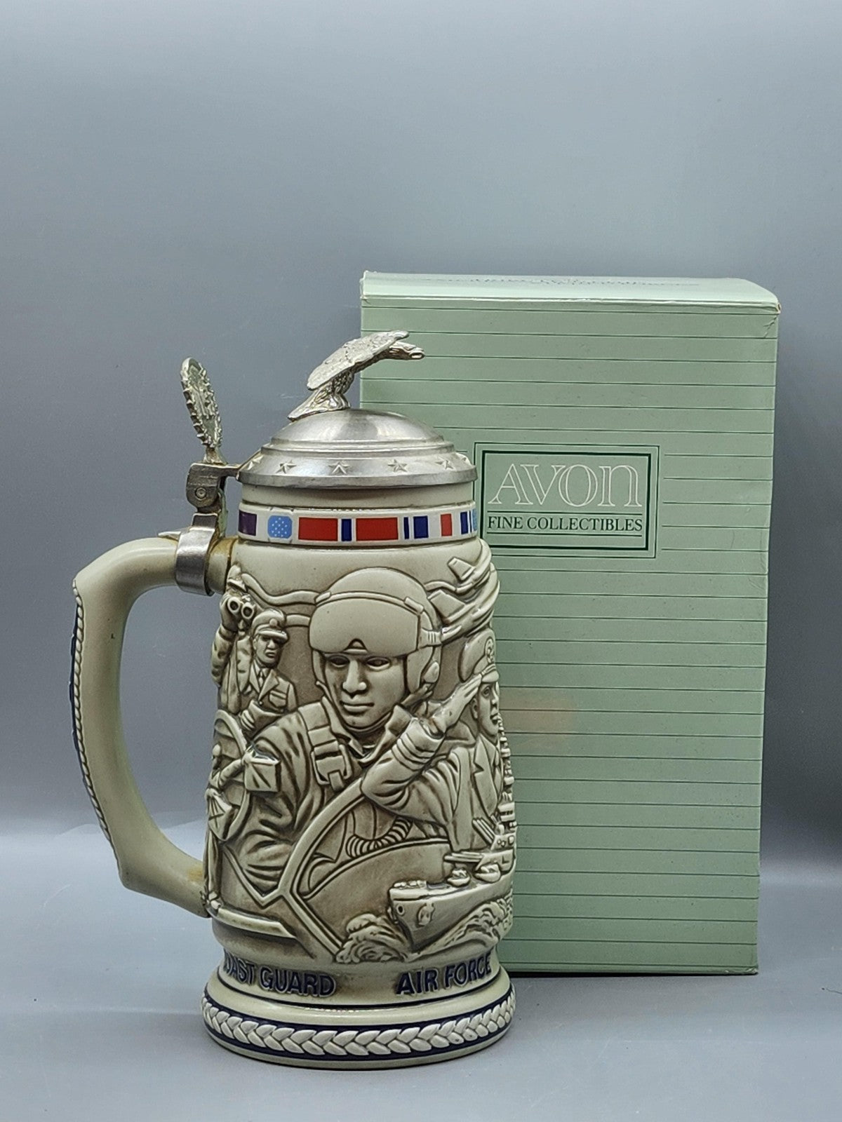 Vintage 1990 Avon American Armed Forces Beige Lidded Stein Brazil Decor USA