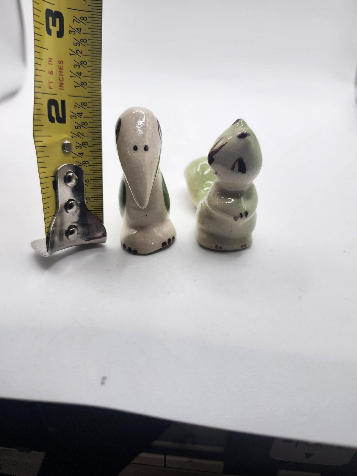 Vintage Clay Dinosaur Salt Pepper Shakers Small Green White Figurines Decor