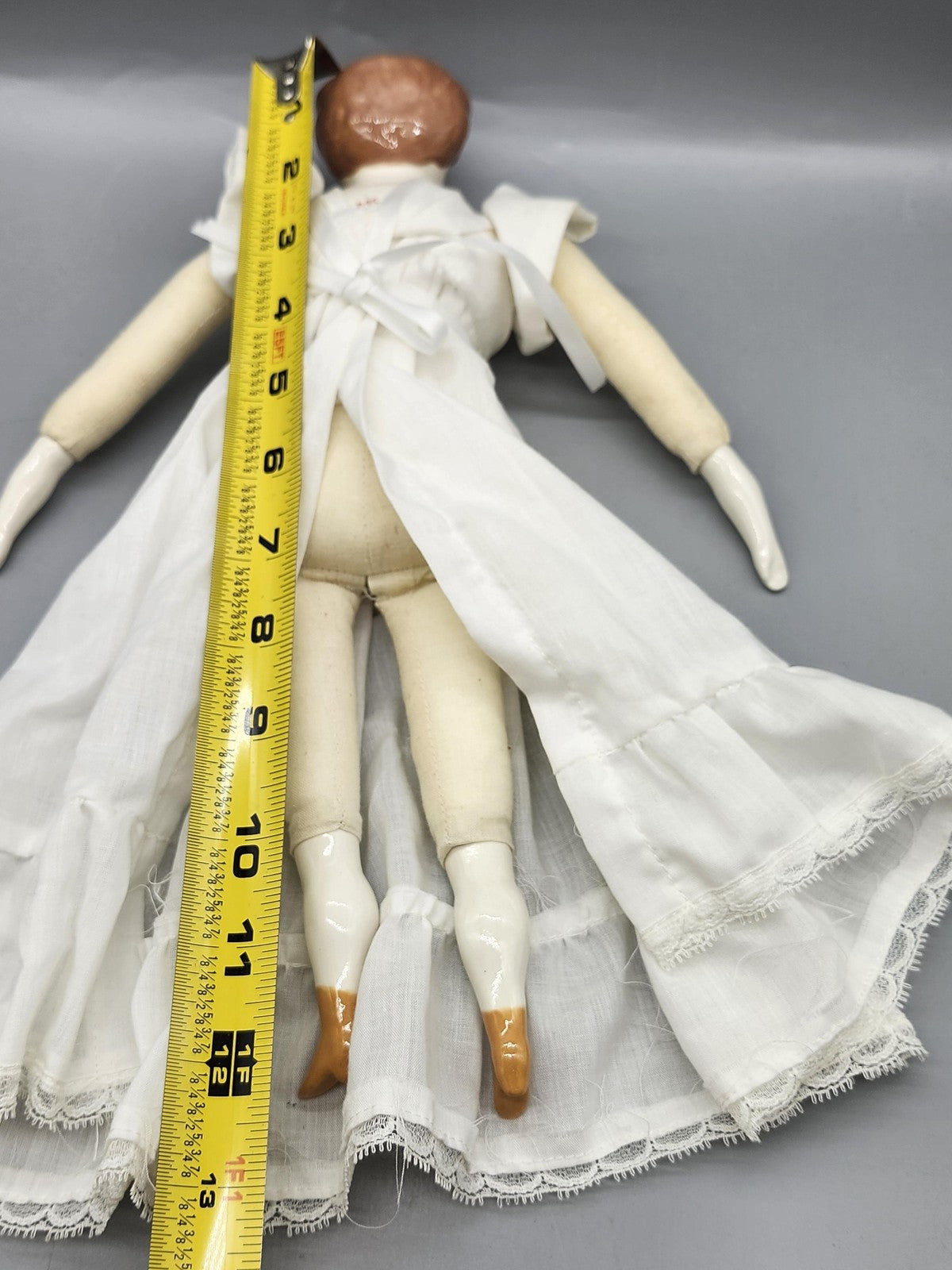 Vintage Porcelain Cloth Body Girl Doll 13 In White Dress Red Hair Signed