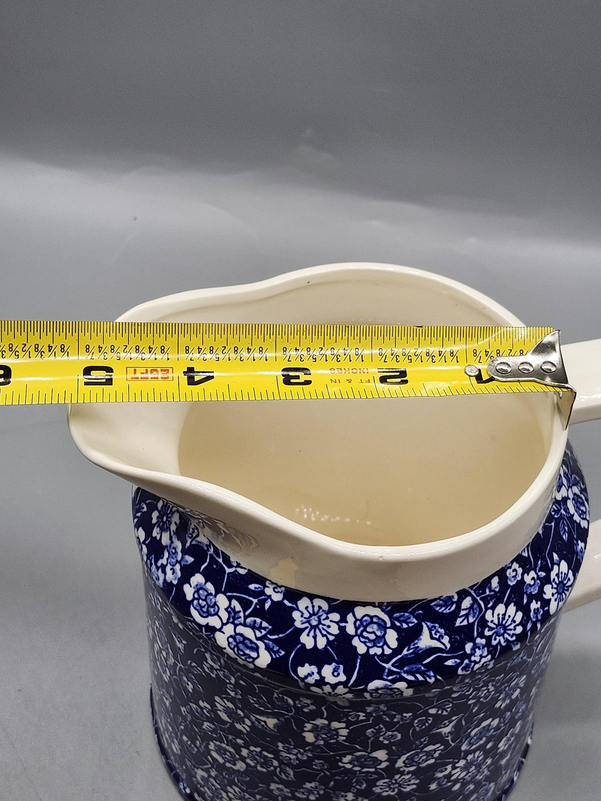 Colonial Calico Blue Floral Ceramic Pitcher Medium Glossy Handle Tabletop Decor