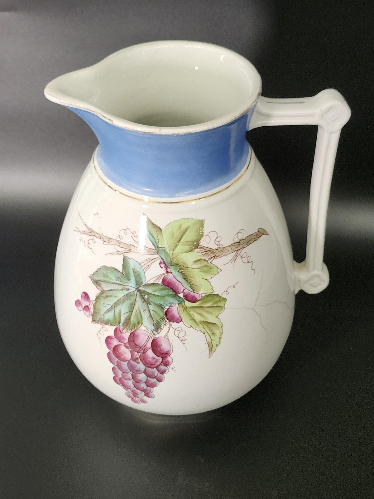 Vintage Wallace & Chetwynd White Ceramic Grape Pitcher Blue Band Pottery Decor
