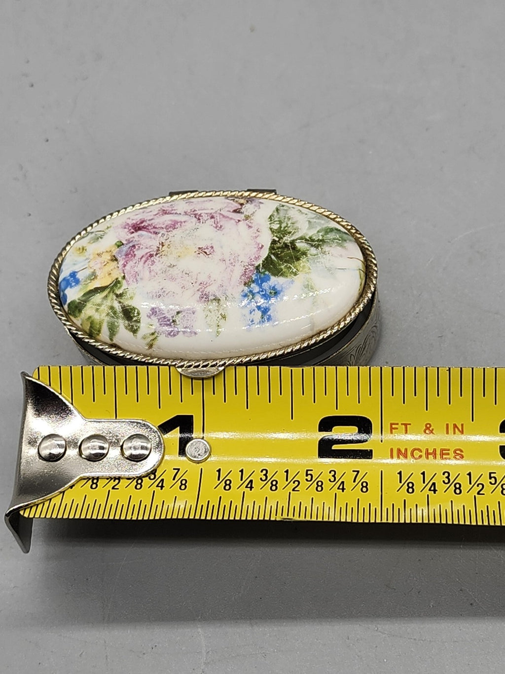 Vintage Oval Floral Porcelain Trinket Pill Box Silver Tone Engraved Jewelry