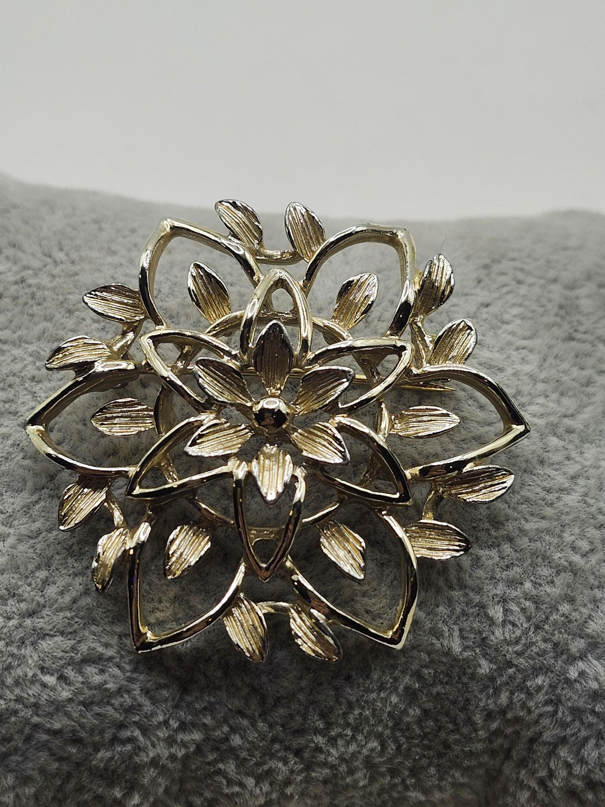 Monet Floral Flower Brooch Pin Gold Tone Layered Petal Openwork Costume Jewelry