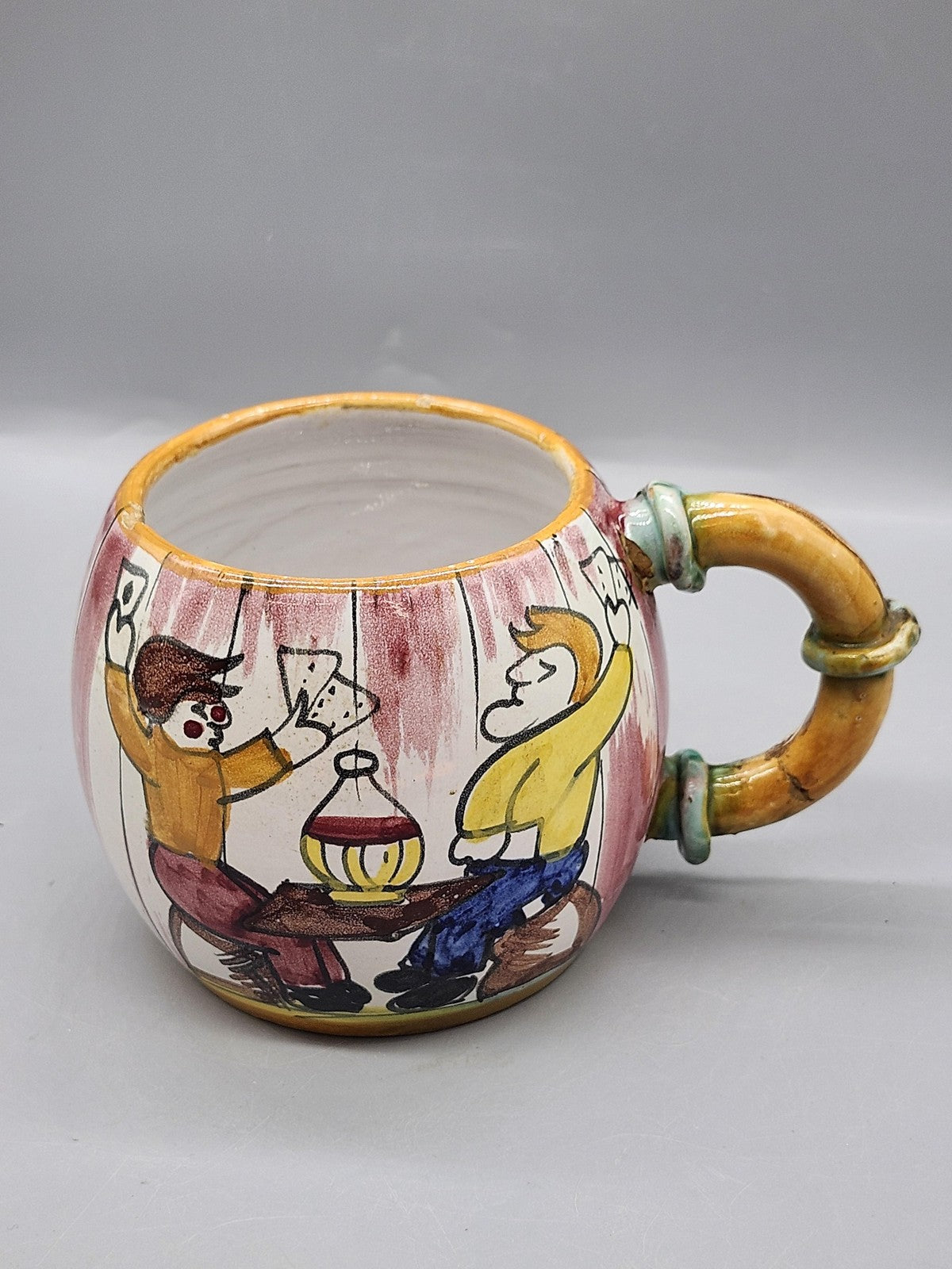 Hand Painted Card Players Coffee Mug Multicolor Ceramic Bamboo Handle Decor