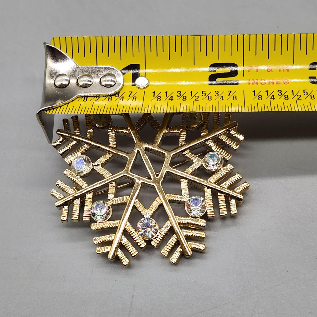 Snowflake Brooch Gold Tone Rhinestone Winter Holiday Pin Costume Jewelry Gift