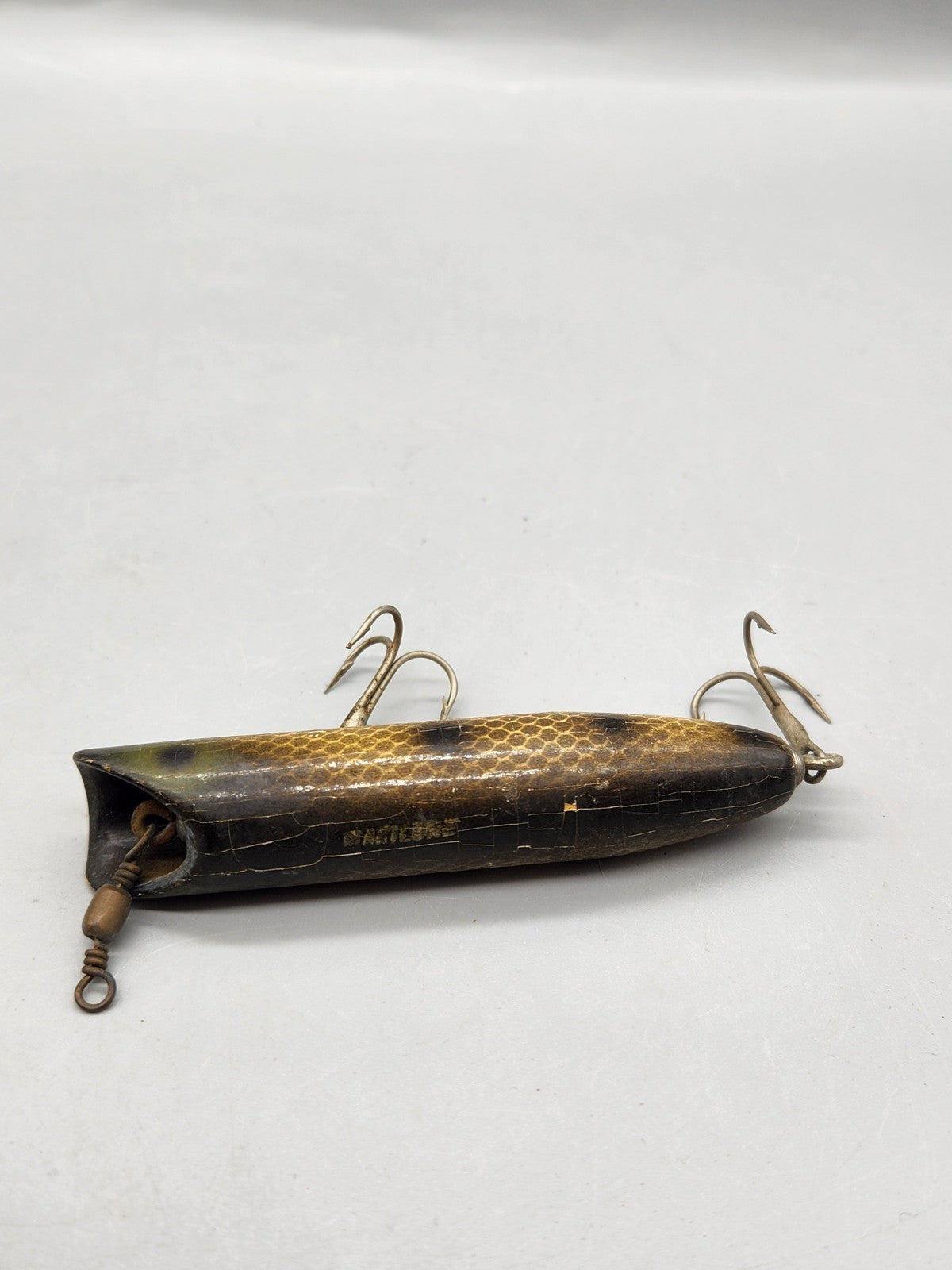Vintage Artlure Wooden Fishing Lure Crackle Finish Black Gold Dual Treble Hooks