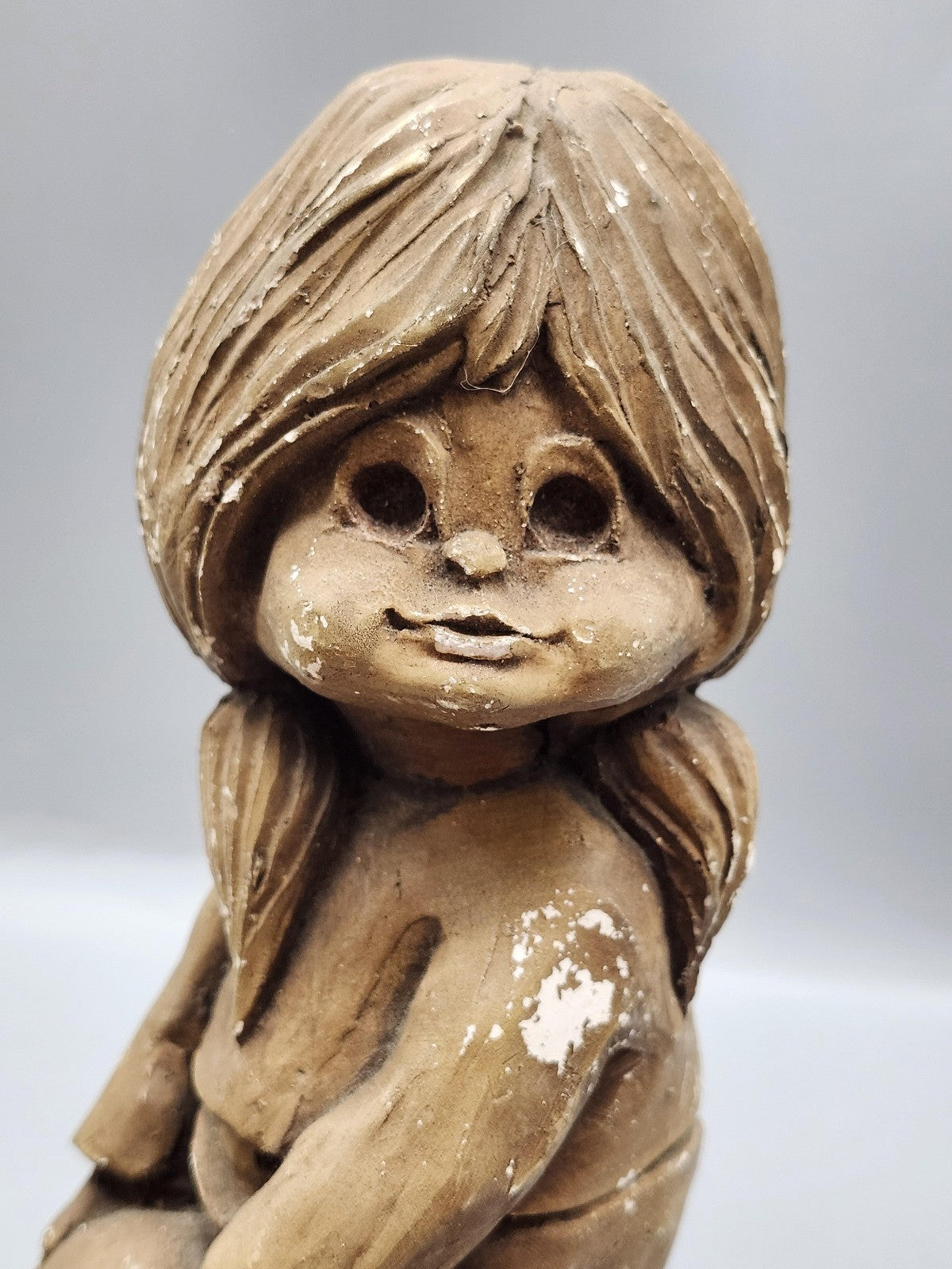 Vintage Unmarked Girl Figurine Chalk Medium Size Brown Hand Painted Ball Decor