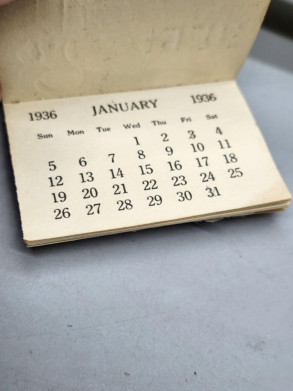 Vintage 1936 Mini Calendar Child In Red Snowsuit Winter Snow Scene Ephemera