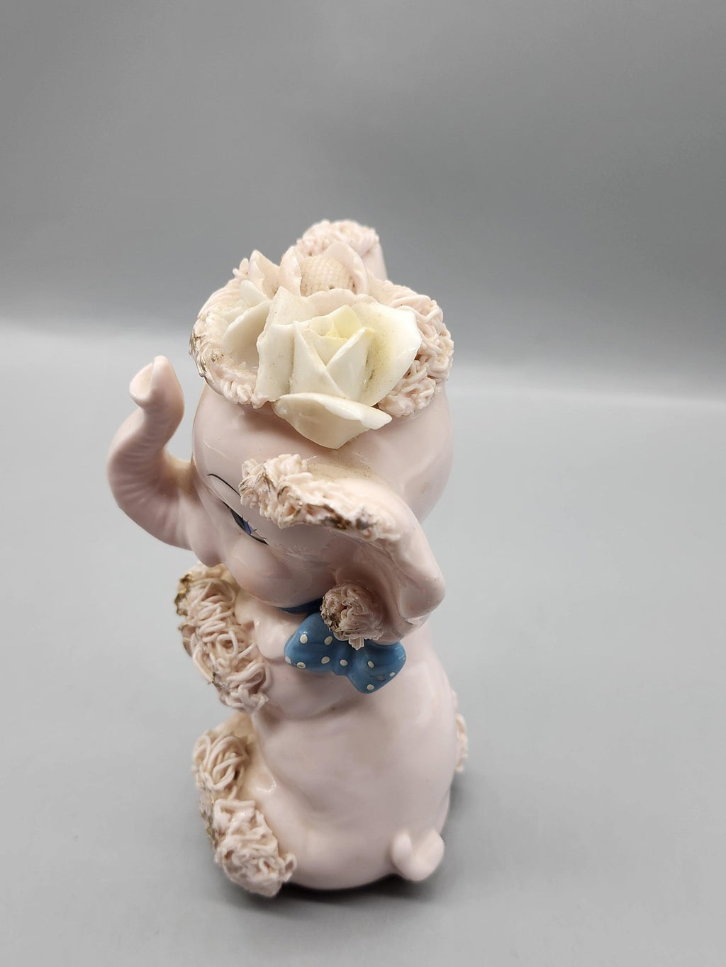 Vintage Pink Porcelain Elephant Figurine Spaghetti Flowers Blue Bow Collectible