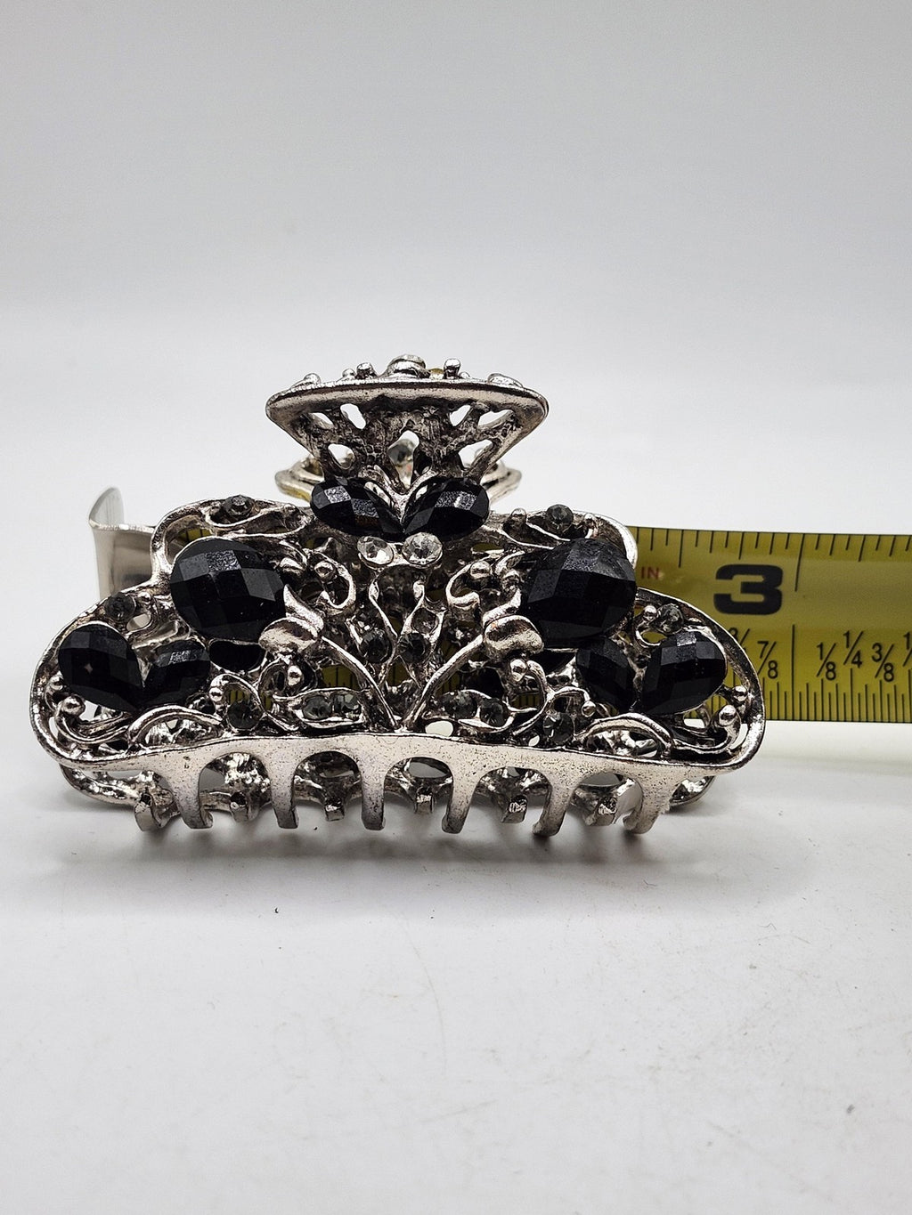 Hair Claw Clip Womens Teens Silver Black Rhinestone Floral Barrette Party Casual