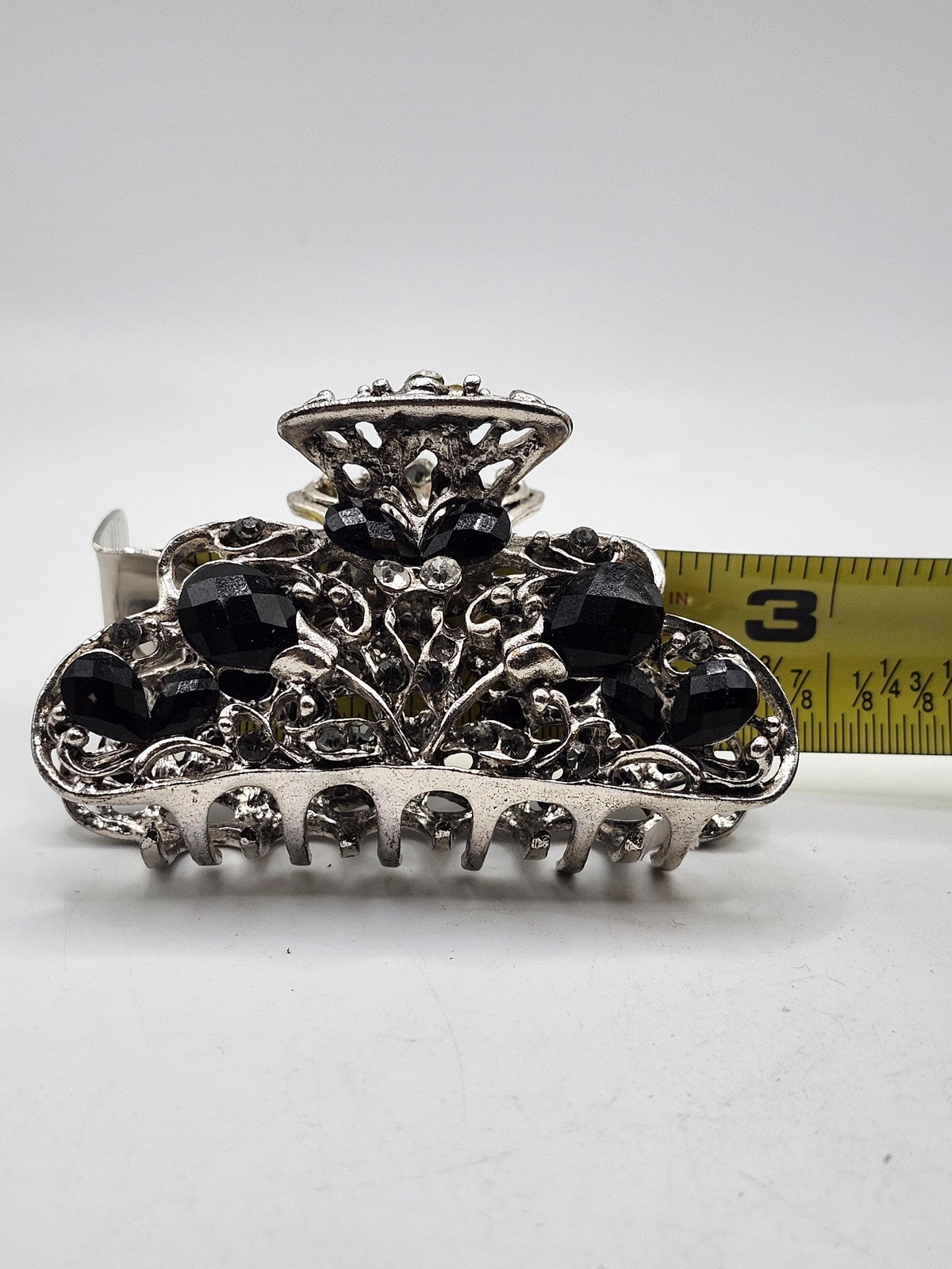 Hair Claw Clip Womens Teens Silver Black Rhinestone Floral Barrette Party Casual