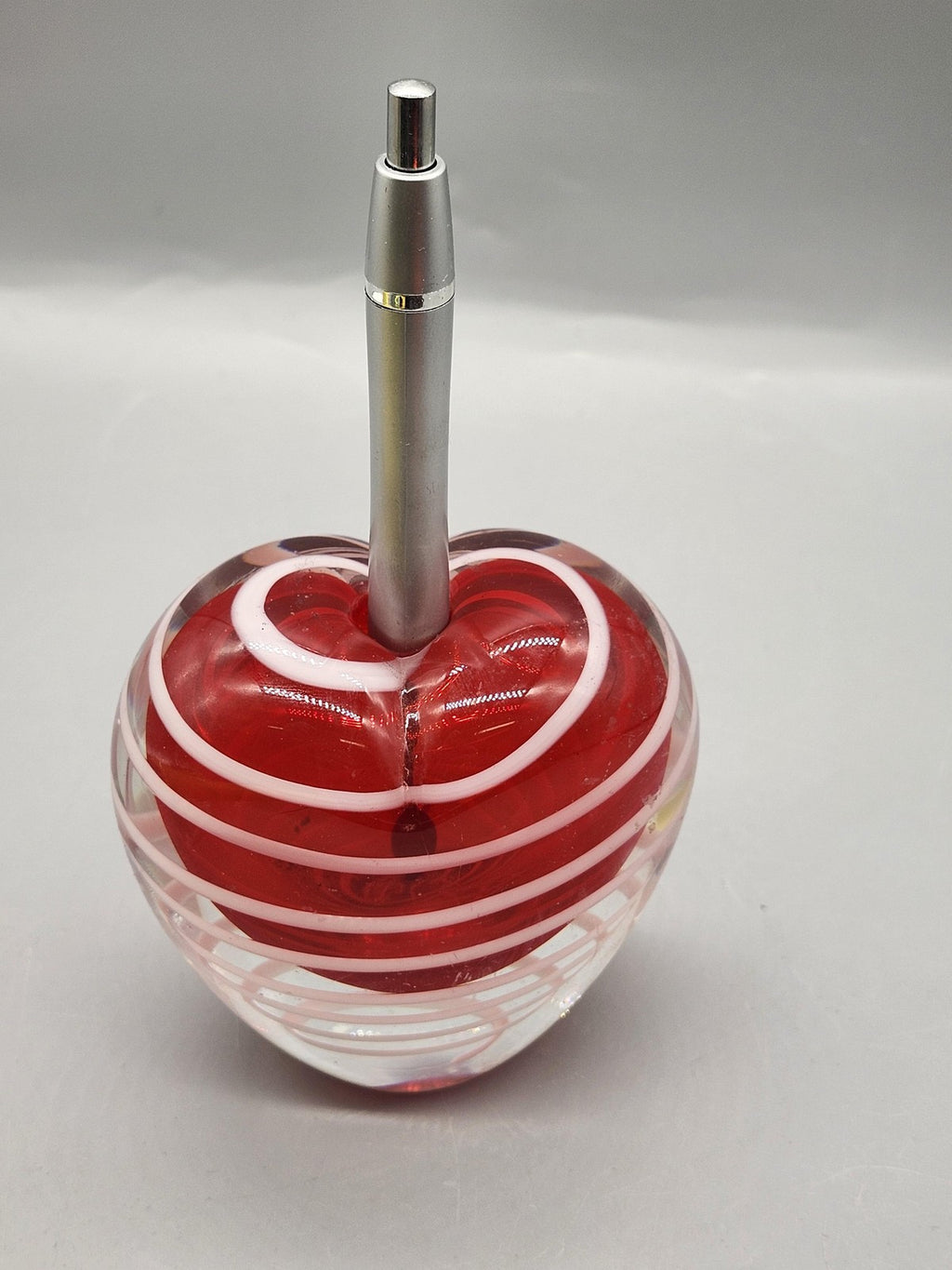 Unmarked Red Art Glass Heart Paperweight White Swirl Pen Holder Desk Decor