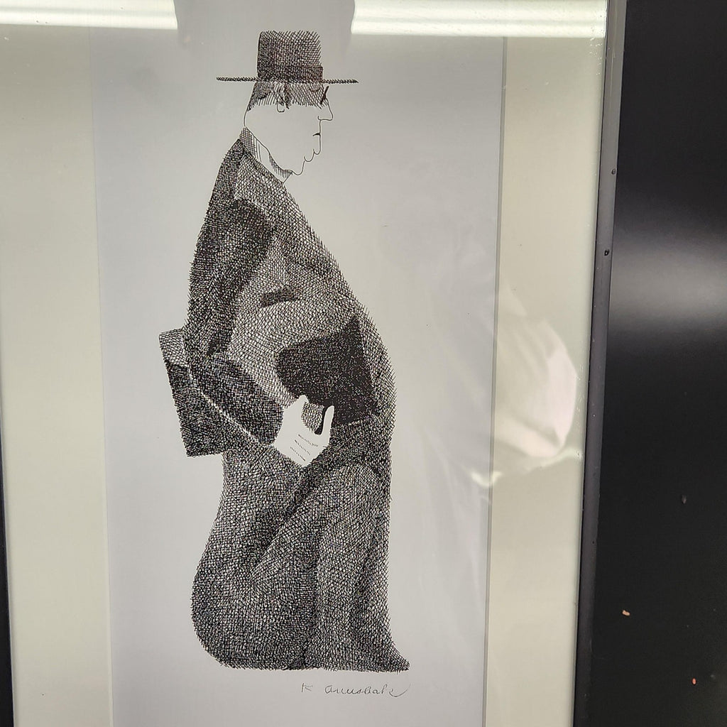 Signed Man In Hat Ink Portrait Drawing Medium Framed Black White Illustration