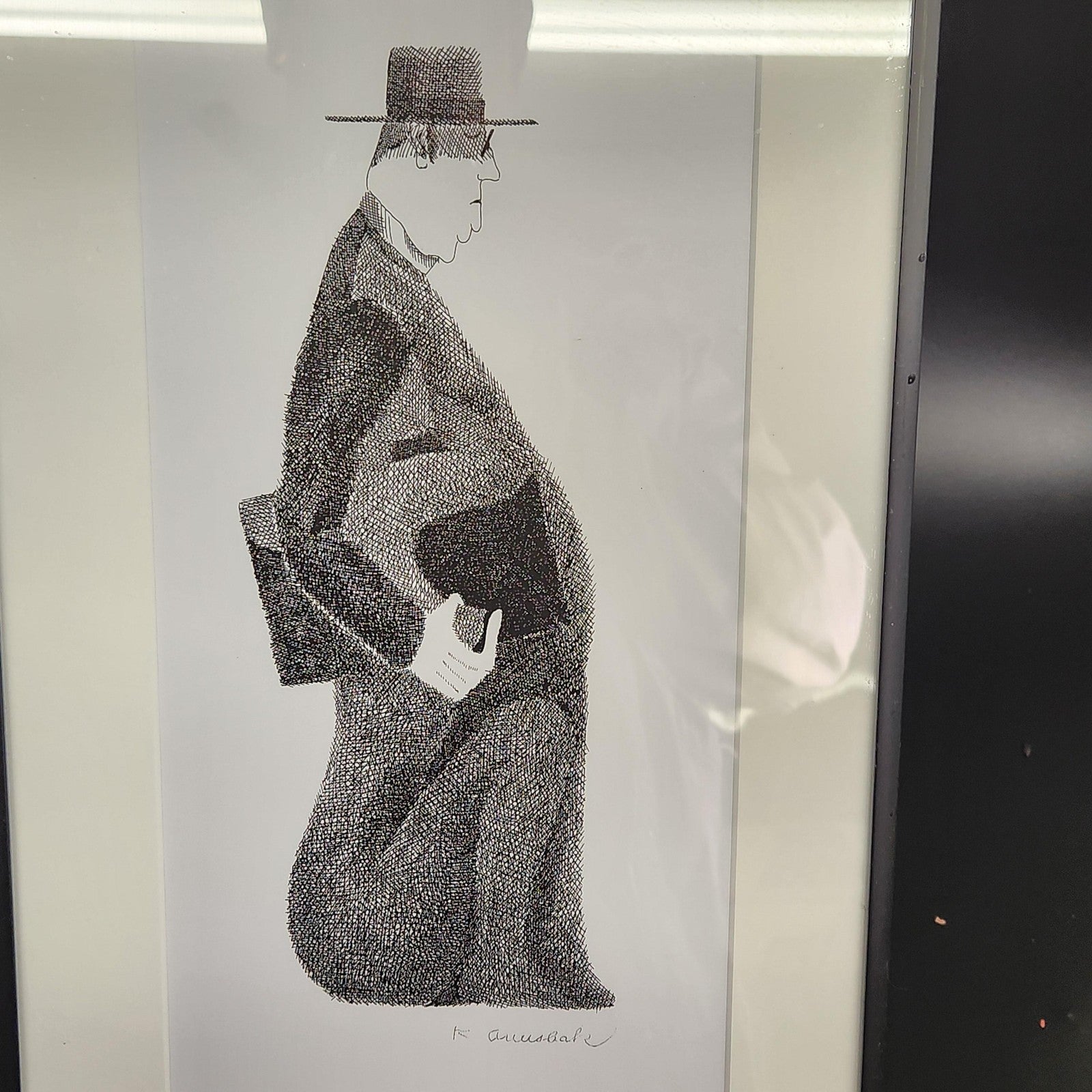 Signed Man In Hat Ink Portrait Drawing Medium Framed Black White Illustration