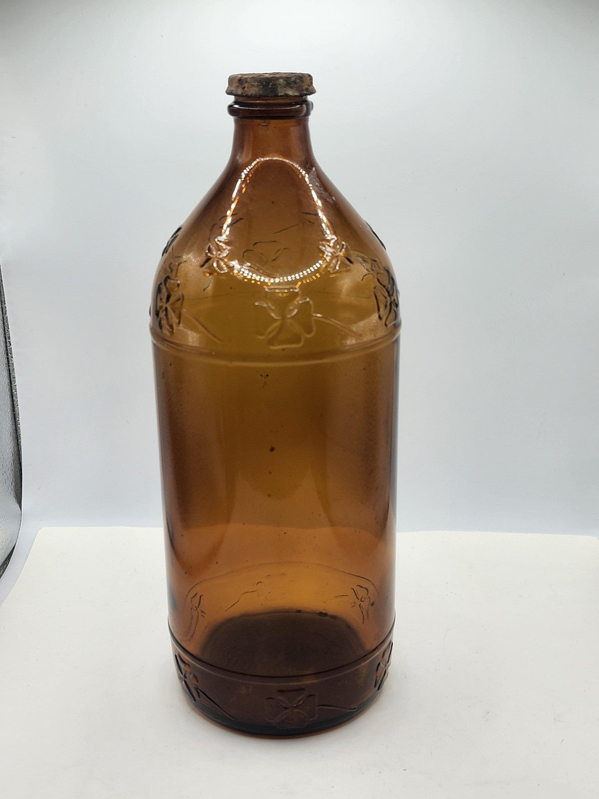 Vintage Large Amber Brown Glass Bottle Embossed Clover Flowers Cork Decor