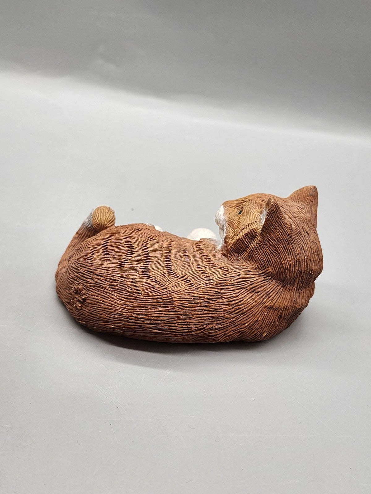 Vintage Don James Cat Figurine Reclining Small Brown White Resin Tabby Decor