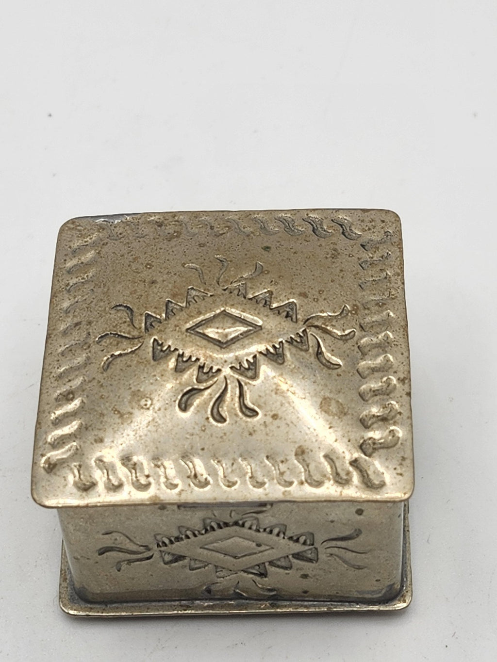 Small Silver Metal Trinket Box Southwestern Geometric Design Hinged Lid Decor