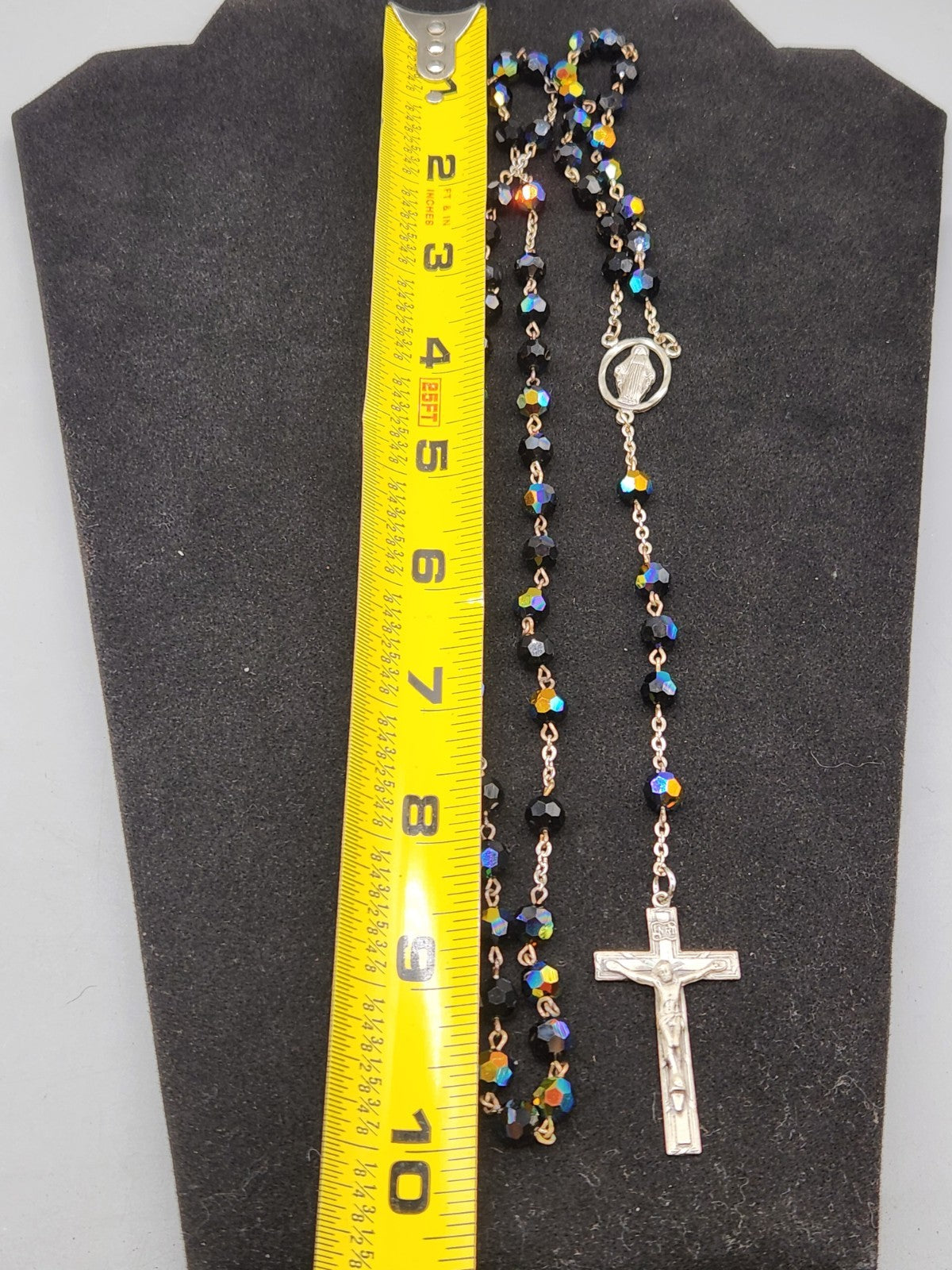 Vintage 925 Sterling Silver Miraculous Medal Rosary Black Aurora Borealis...