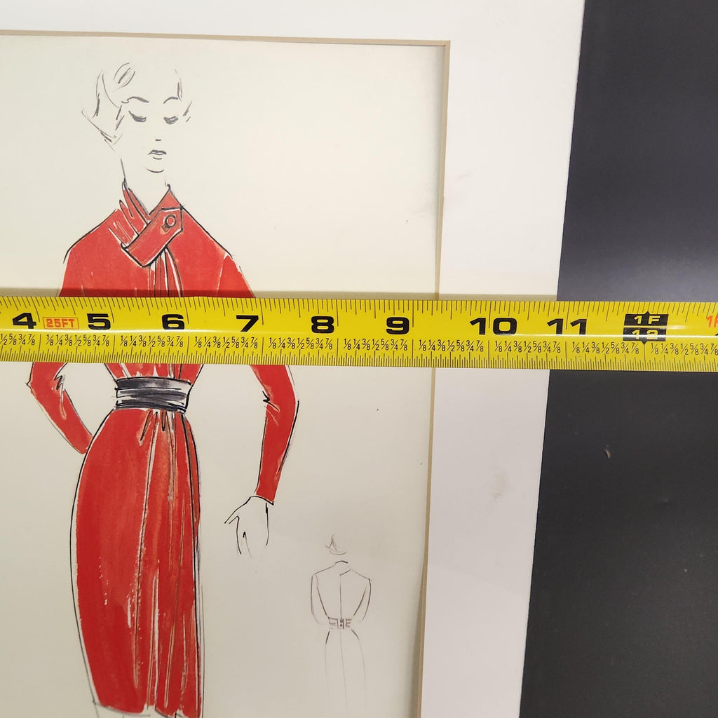Fashion Woman Red Dress Original Ink Illustration Drawing Matted 14x11 Art