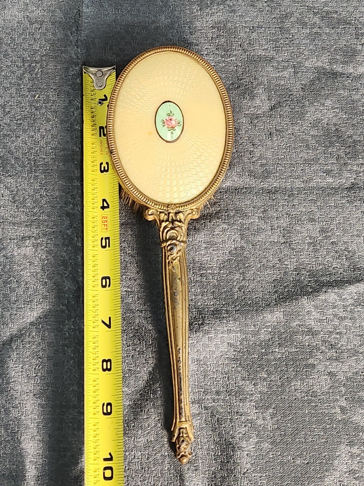 Vintage Vanity Hair Brush Floral Enamel Gold Tone Ornate Handle Victorian Style