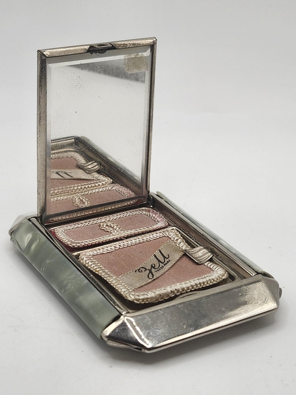 Vintage Zell Green Marbled Compact Face Powder Rouge Mirror Art Deco Case Vanity