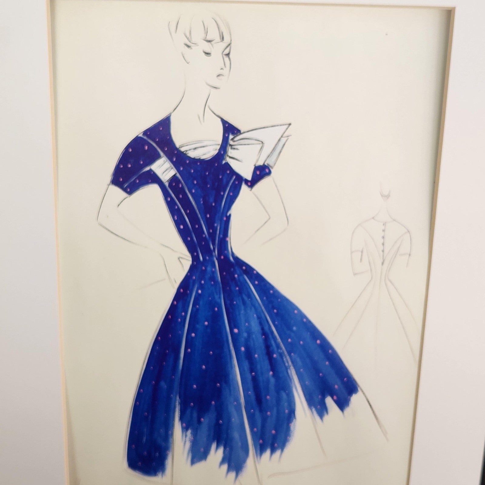 Woman Blue Dress Original Fashion Illustration Drawing Ink Pencil Matted Medium
