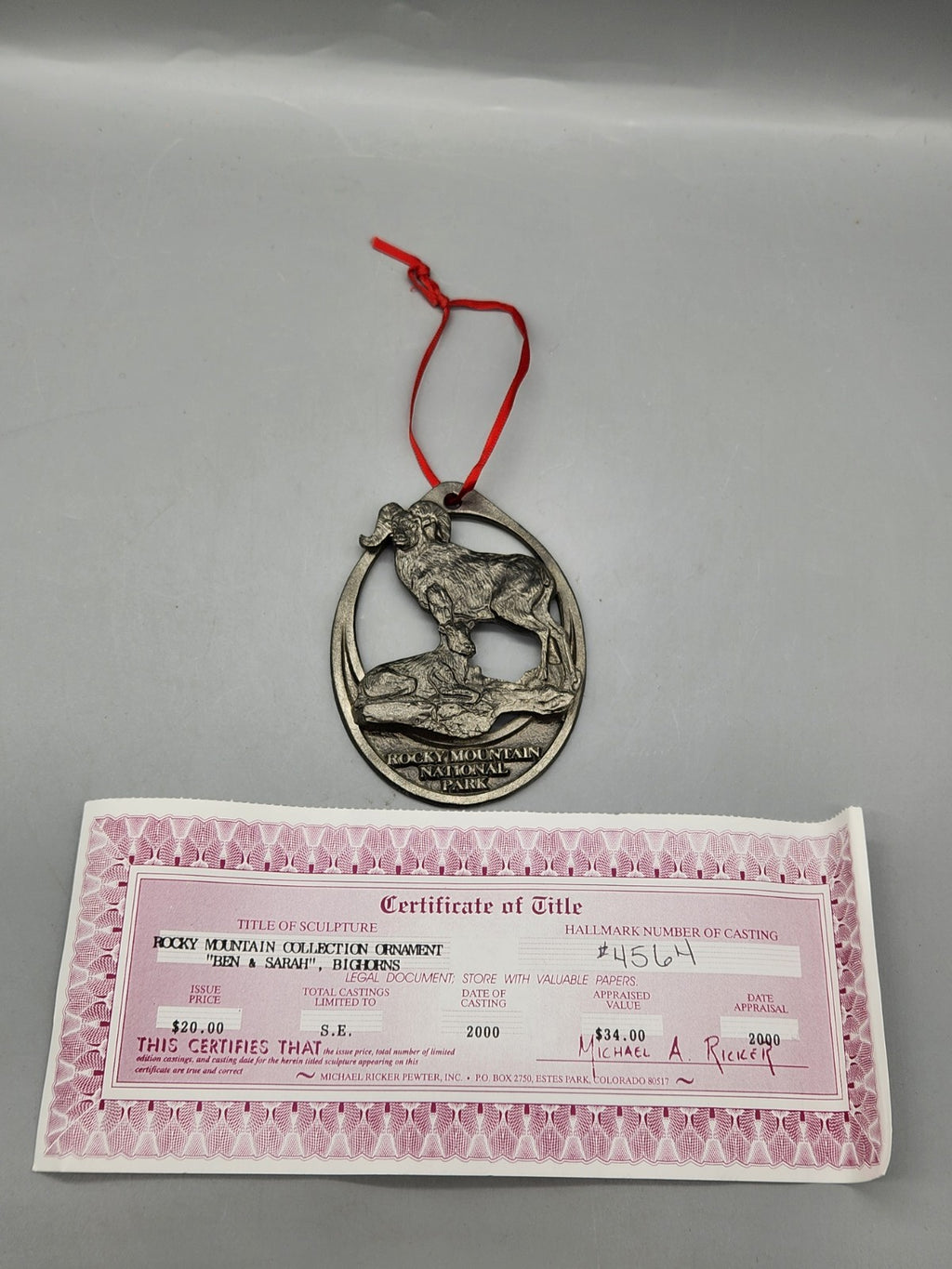 Michael Ricker 2000 Rocky Mountain National Park Bighorn Sheep Ornament w/ COA