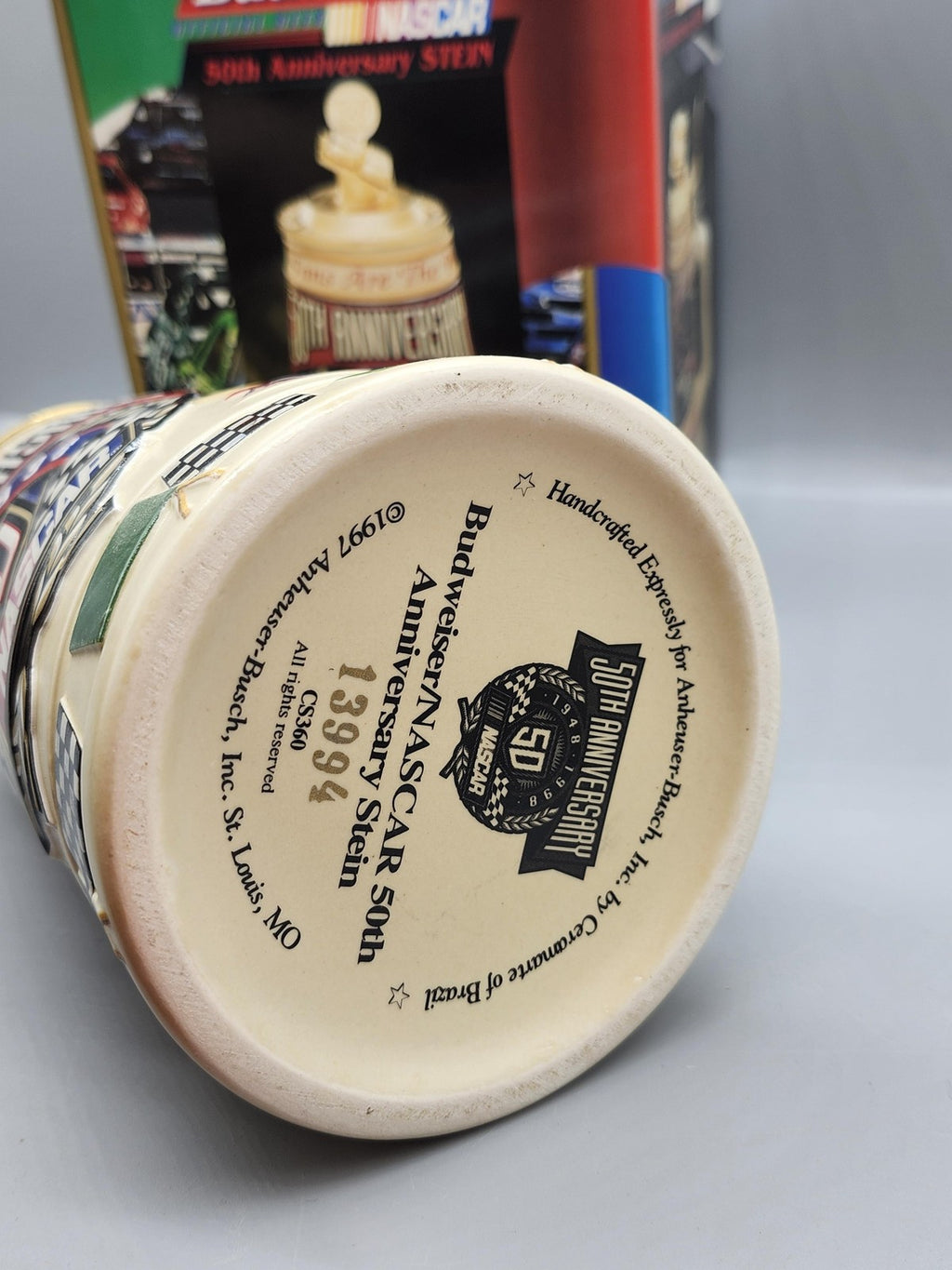Vintage Budweiser NASCAR 50th Anniversary Lidded Stein Ceramarte Brazil