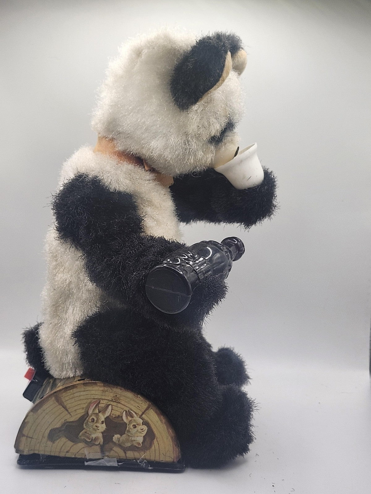 Vintage Battery Operated Fuzzy Panda Bear Drinking Toy Tin Japan Parts Repair