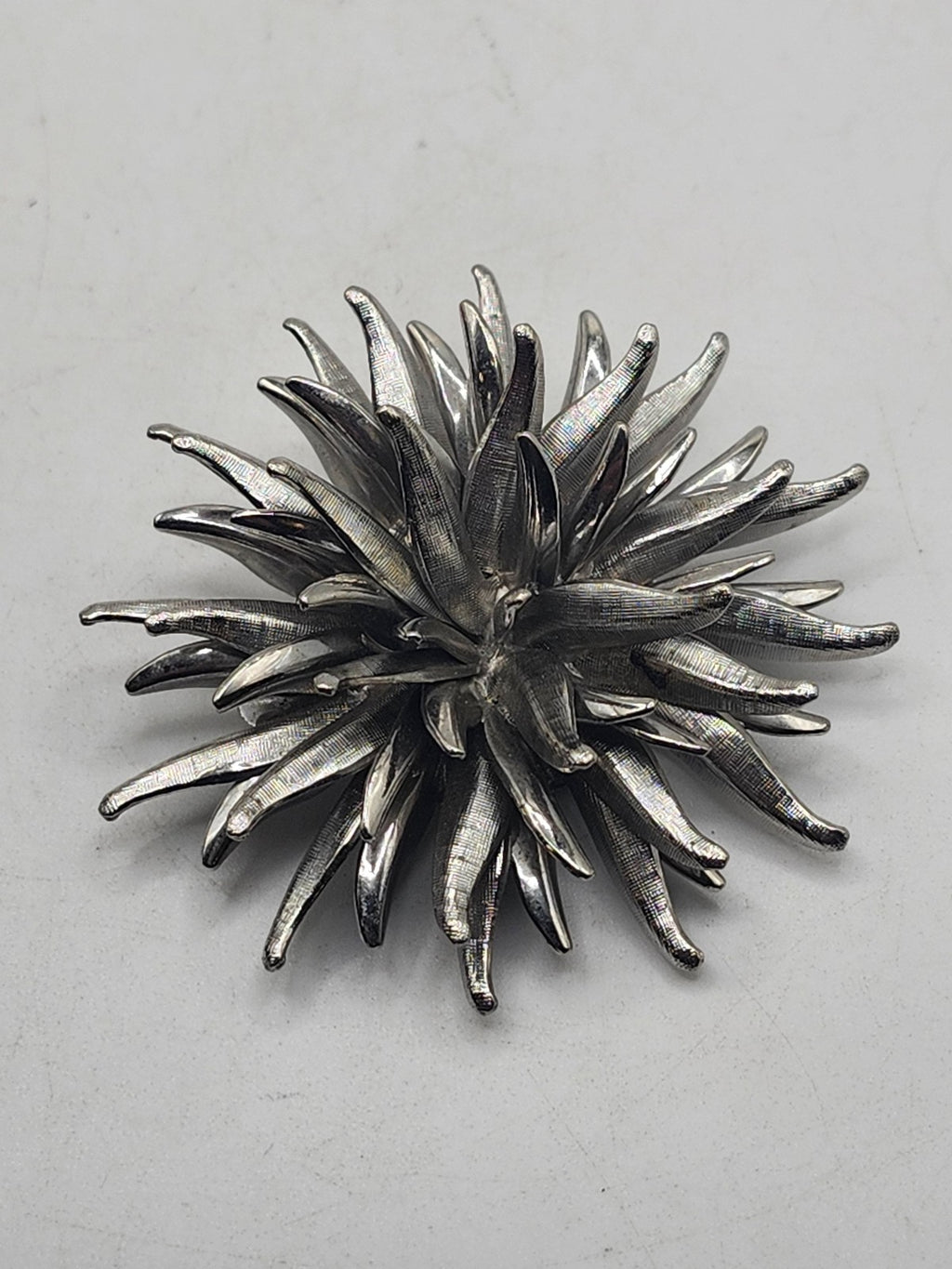 Silver Tone Flower Brooch Pin Layered Petal Burst Textured Costume Jewelry