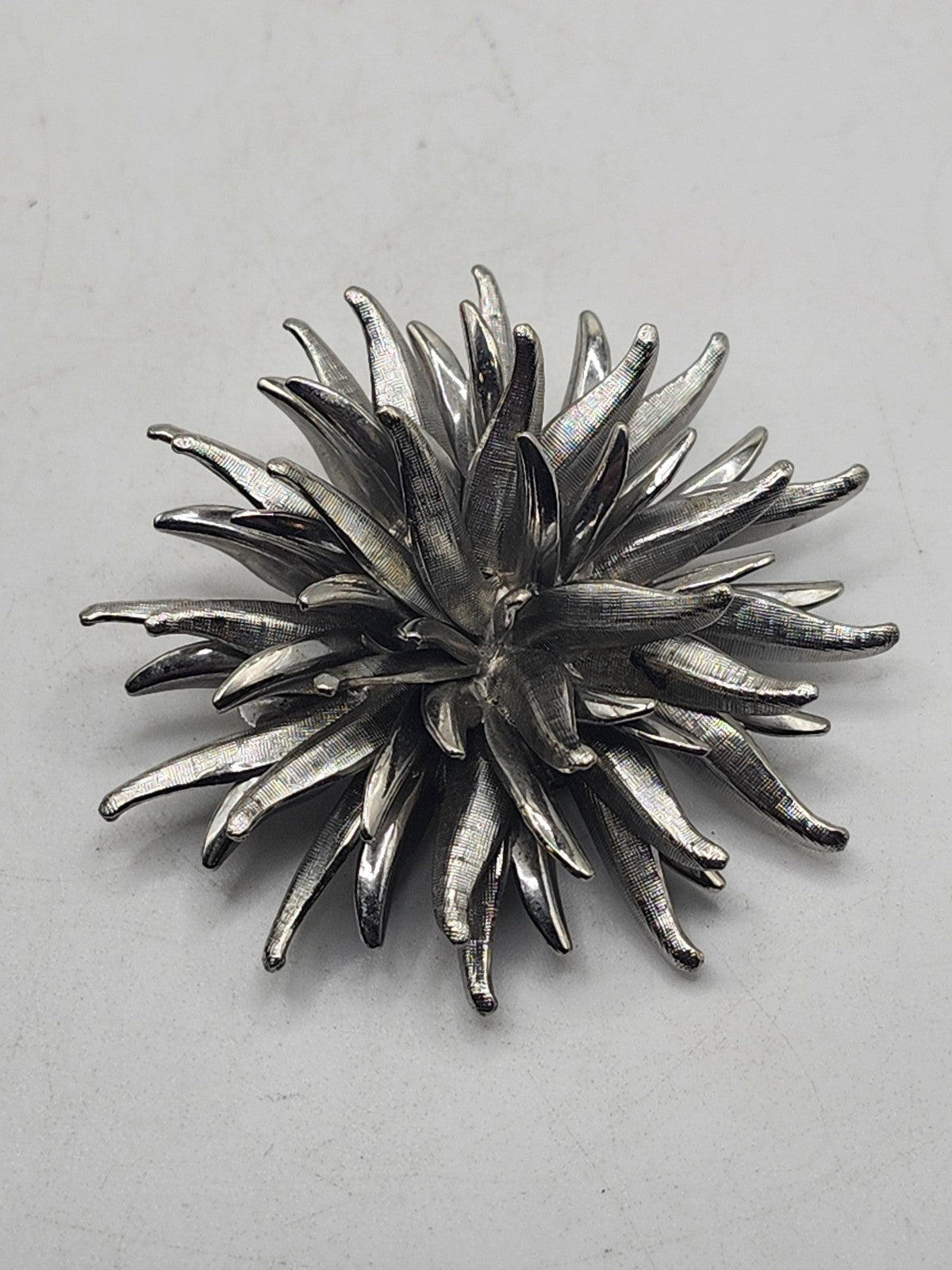 Silver Tone Flower Brooch Pin Layered Petal Burst Textured Costume Jewelry