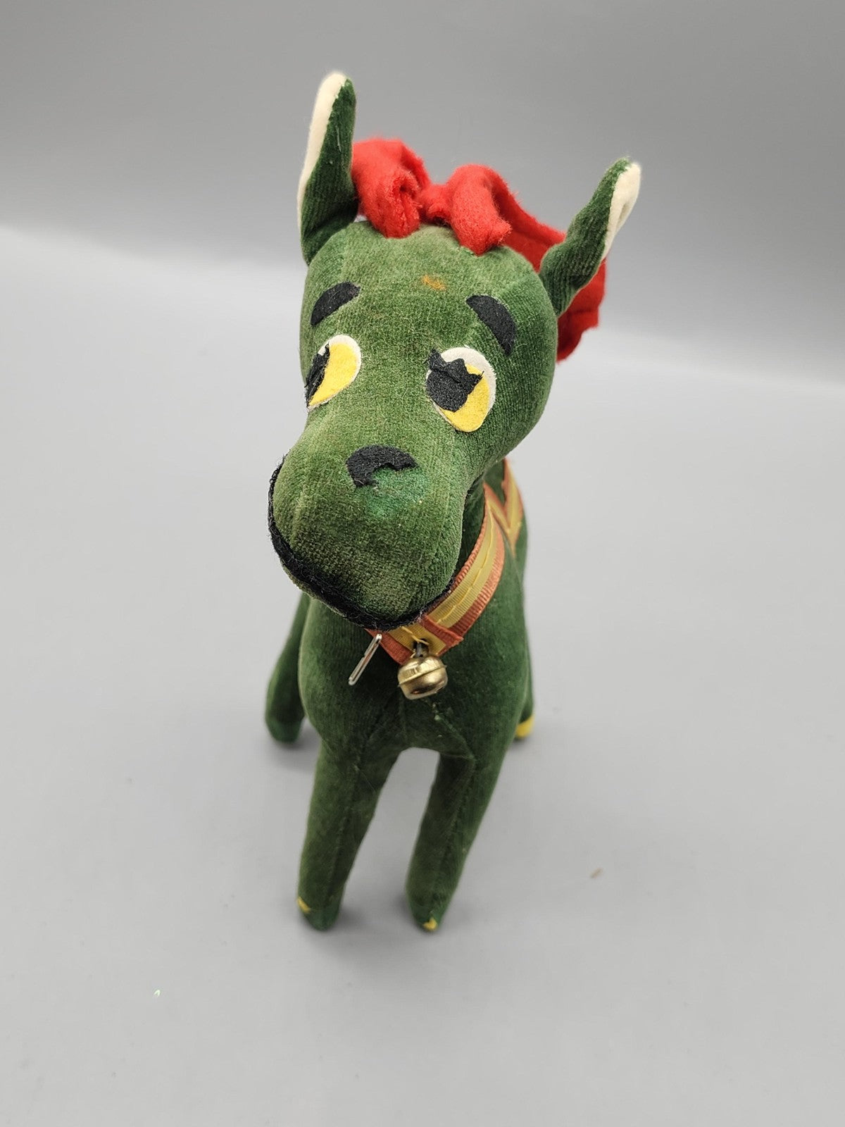 Vintage Green Horse Plush Stuffed Animal Small Bell Red Mane Holiday Toy Retro