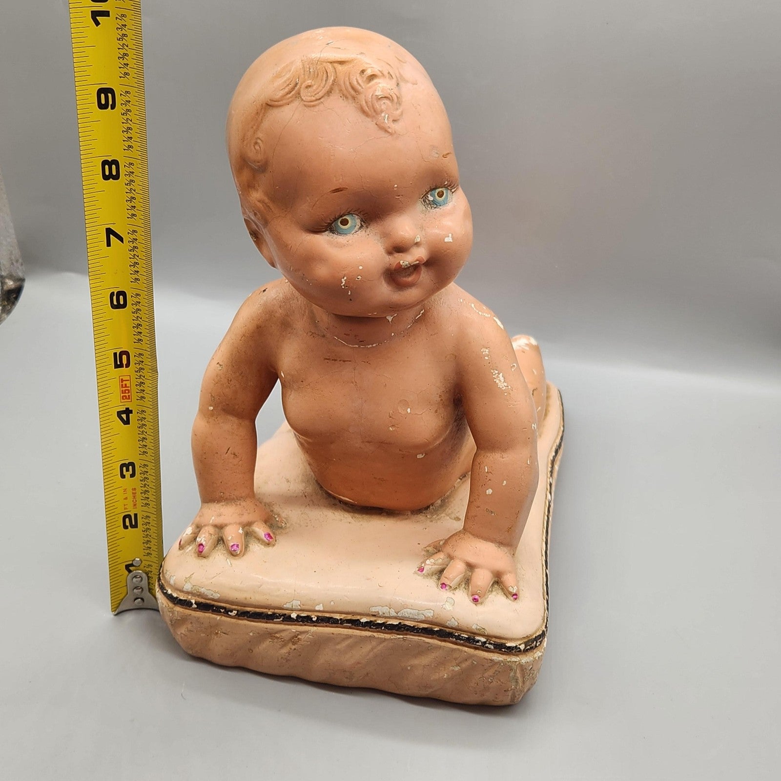 Vintage Unmarked Piano Baby Figurine Large Pink Chalk Nursery Shelf Decor