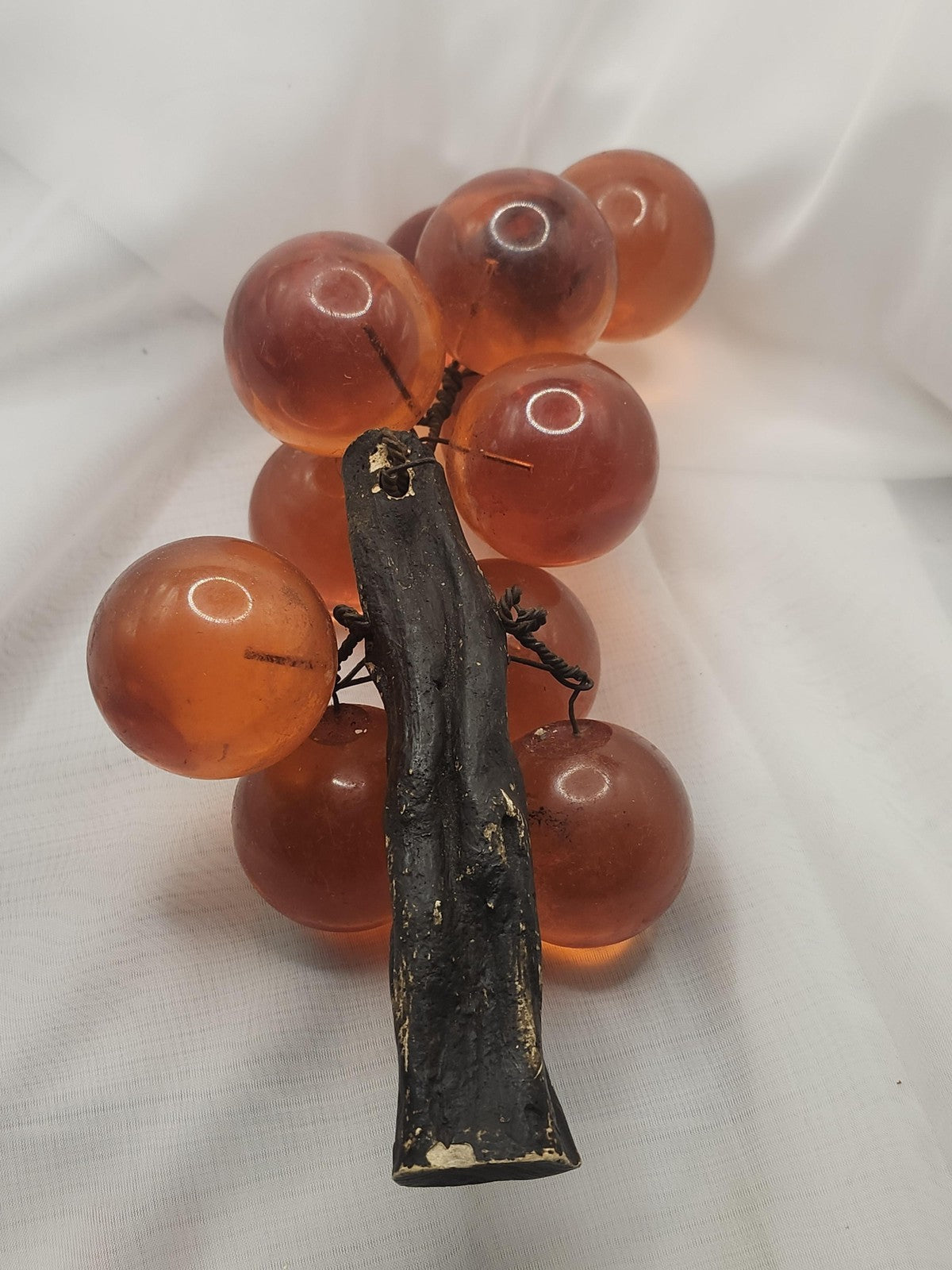 Vintage Mid Century Lucite Grape Cluster Sculpture Orange Wood Stem Decor Art